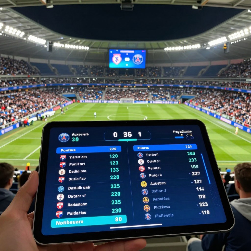 A visually compelling scene representing pre-match statistics for the football game between Auxerre and Paris-SG. In the foreground, a sleek digital tablet displays key statistics, including player performance metrics and match previews, with smooth, glowing graphics. The middle ground features a stylized football pitch, with a focus on an illuminated scoreboard showcasing team logos. The background captures a bustling stadium filled with cheering fans, under bright stadium lights creating a vibrant atmosphere. The scene should have a dynamic, energetic mood, emphasizing the anticipation and excitement of the upcoming match. Use a wide lens perspective to enhance depth, and ensure the lighting is bright and inviting, reflecting the intensity of football culture.