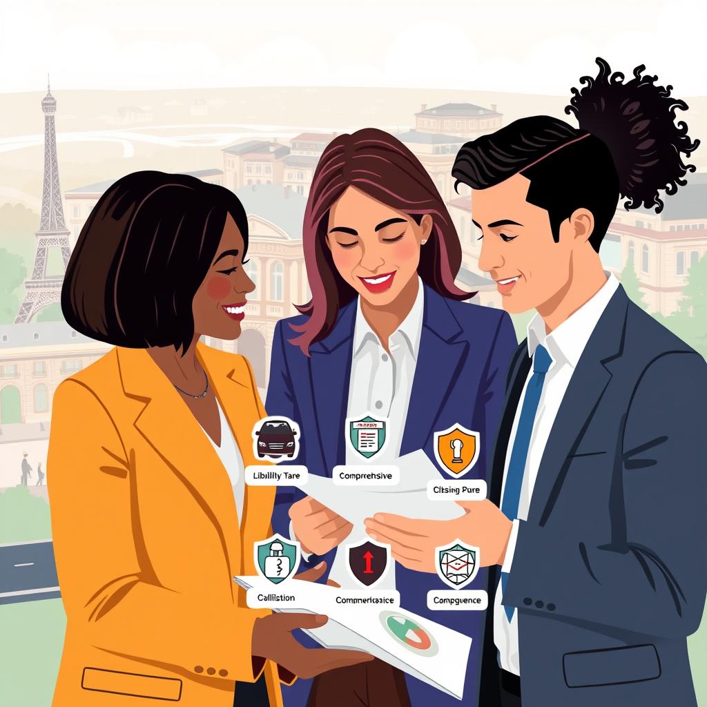 A visually engaging and informative illustration showcasing various types of auto insurance available in France. In the foreground, depict a diverse group of three people dressed in professional business attire, engaging in discussion over an insurance brochure, with one person pointing to different types of coverage. In the middle ground, include iconic symbols representing various auto insurance types, such as liability, comprehensive, and collision coverage, illustrated as labeled icons or shields. In the background, portray a stylized Parisian landscape with hints of the Eiffel Tower and elegant street scenes to convey a French atmosphere. Use soft, natural lighting to create a welcoming and informative mood, capturing the essence of exploring insurance options online.