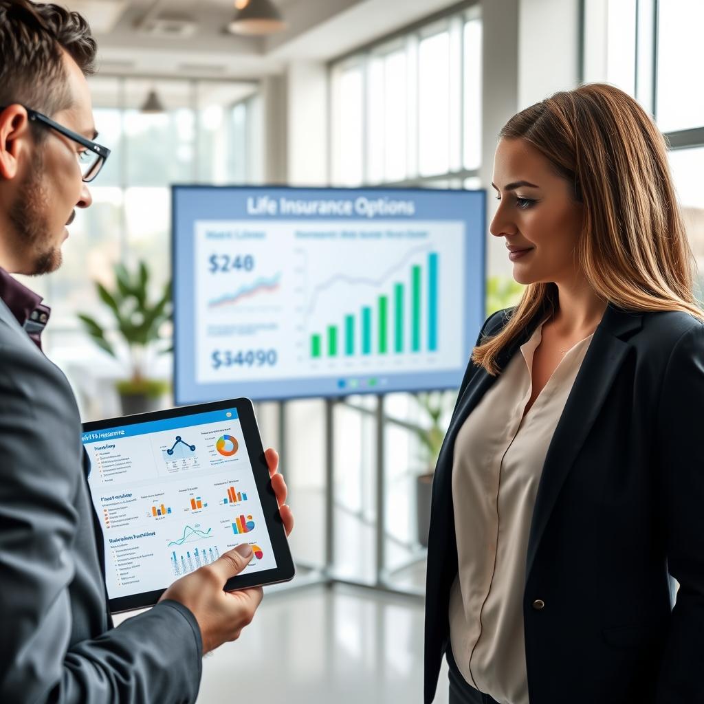 A visually engaging comparison of life insurance options, showcasing a modern, professional office environment. In the foreground, two individuals in business attire, a male and a female, discuss various life insurance policies displayed on a sleek digital tablet. The middle layer features a large screen with dynamic charts and graphs illustrating current market trends in life insurance, emphasizing growth and variety. In the background, a bright, contemporary office space with large windows allowing natural light to flood the room, plants adding a touch of greenery. The mood is informative yet optimistic, reflecting a sense of trust and professionalism in financial planning. The scene is captured from a slightly elevated angle, creating a sense of depth and engaging the viewer.