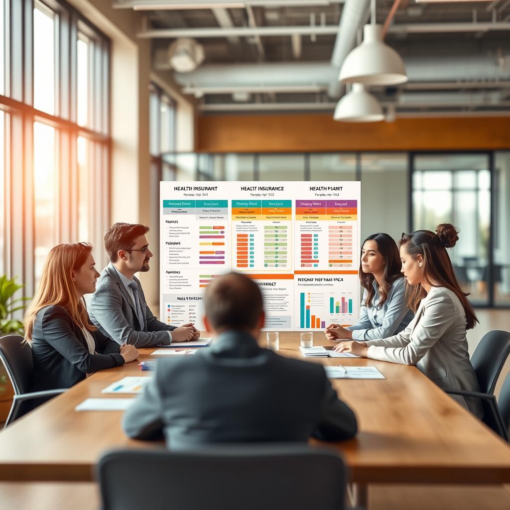 A visually engaging depiction of different types of health mutual insurance plans. In the foreground, illustrate diverse individuals in professional attire, discussing health insurance options around a table. In the middle, display colorful infographics and charts highlighting key differences between various plans, such as coverage types, costs, and benefits. In the background, include a modern office setting with large windows allowing natural light to flood the space, creating a bright and inviting atmosphere. Use soft focus for depth and clarity to emphasize the discussions and materials. Capture a mood of collaboration and trust, suggesting informed decision-making for health coverage. The composition should be warm and professional, enhancing the informative nature of the image while avoiding any text or watermarks.