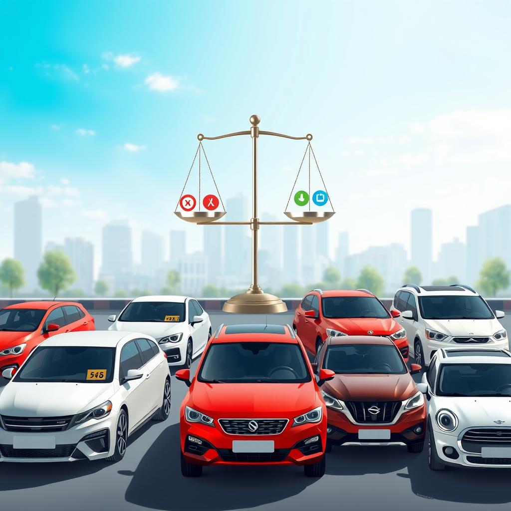 A visually engaging illustration depicting the concept of "bonus-malus" in auto insurance, focusing on different types of vehicles. In the foreground, show a diverse range of cars, from compact models to SUVs, neatly arranged side-by-side, highlighting their differences. Each vehicle should have a subtle tag indicating its bonus-malus rating, represented with varying colors for easy differentiation. In the middle, an eye-catching scale balances symbols of safe and risky driving, symbolizing the bonus-malus system. The background features a serene urban landscape with clear blue skies, symbolizing clarity and understanding. The lighting is bright and inviting, with soft shadows to add depth. This image should evoke a sense of professionalism and accessibility, making complex insurance concepts easy to grasp.