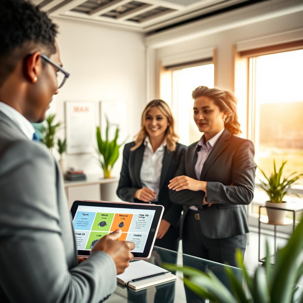 A visually engaging representation of different types of life insurance. In the foreground, a diverse group of three individuals dressed in professional business attire, discussing life insurance options, with one person pointing to a diagram of types of life insurance (term life, whole life, universal life, and variable life) displayed on a digital tablet. In the middle, an elegant office setting with a modern desk, potted plants, and charts on the walls. The background features a large window letting in soft, warm natural light, enhancing the professional atmosphere. The overall mood is informative and collaborative, conveying a sense of professionalism and trustworthiness. Focus on clarity and detail in the expressions of the individuals, with a shallow depth of field to emphasize the interaction.