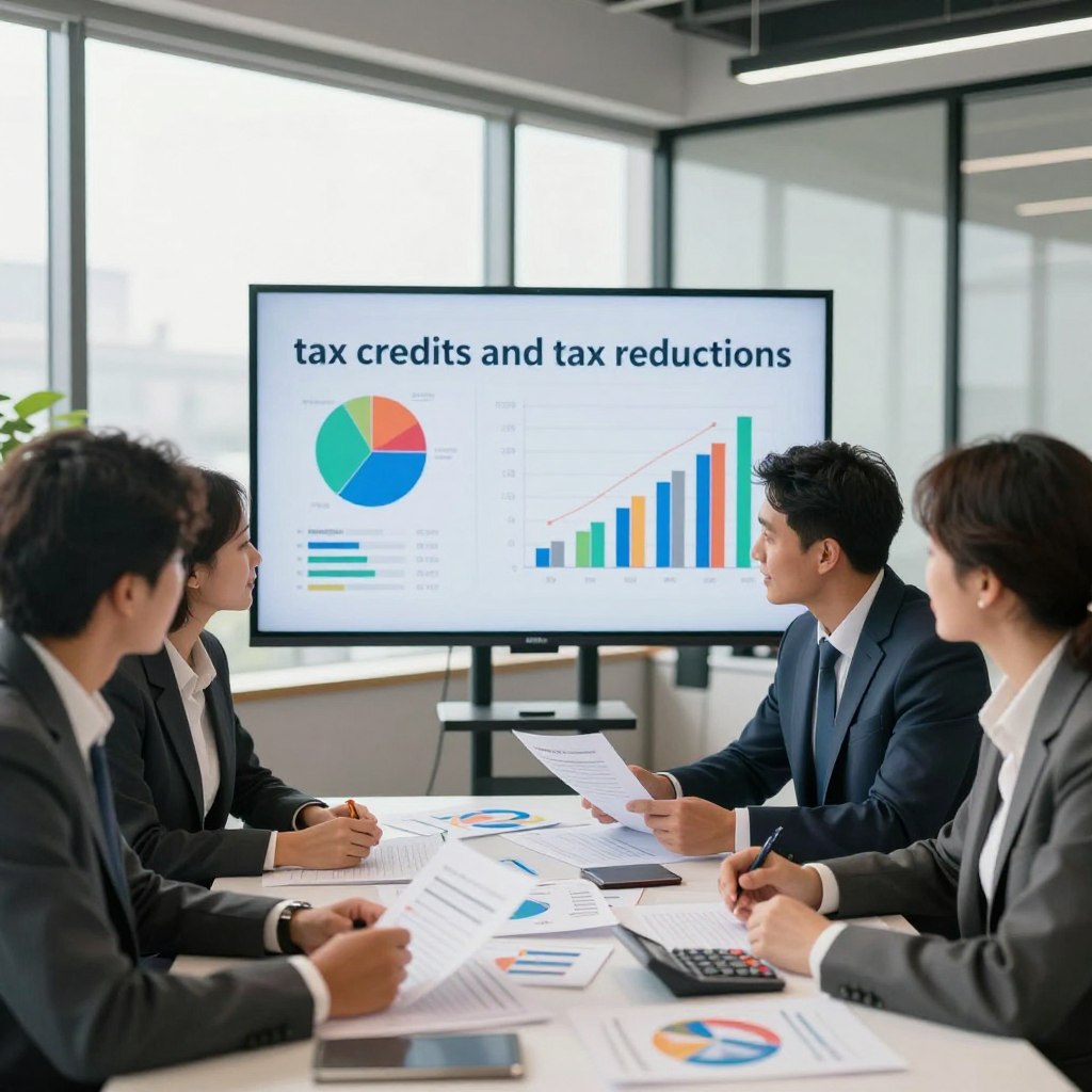A visually engaging representation of "tax credits and tax reductions" set in a modern office environment. In the foreground, a diverse group of professionals in business attire is collaborating around a table filled with financial documents, graphs, and calculators. In the middle ground, a large digital screen displays colorful infographics illustrating various tax benefits, including pie charts and bar graphs. The background features a sleek office with large windows, allowing natural light to flood the space, creating a warm and inviting atmosphere. The mood conveys a sense of productivity and optimism about financial planning. The image should have a slight depth of field effect, focusing on the professionals while softly blurring the background. Use natural daylight to illuminate the scene, enhancing the colors and details of the documents and screens.