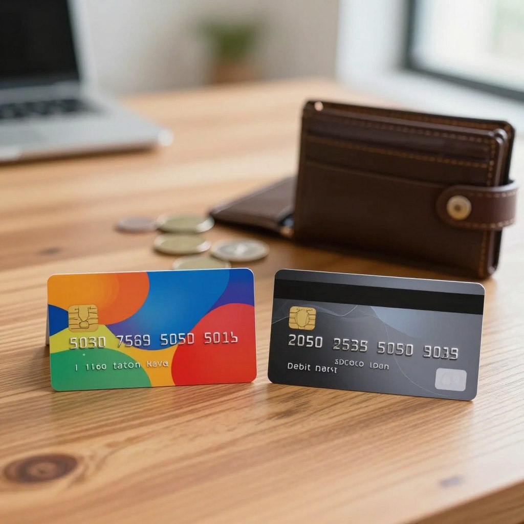 A visually striking comparison of a prepaid card and a debit card side by side on an elegant wooden desk. In the foreground, the prepaid card is designed with a vibrant, modern look featuring bold colors and unique shapes, while the debit card showcases a sleek, professional design with a classic color palette. The middle ground includes an open wallet partially visible, emphasizing the financial theme, with some scattered coins for added detail. In the background, a soft-focus office environment is depicted, featuring warm lighting that creates a welcoming atmosphere. The image is captured from a slight overhead angle, allowing a clear view of both cards while maintaining a polished and professional mood.