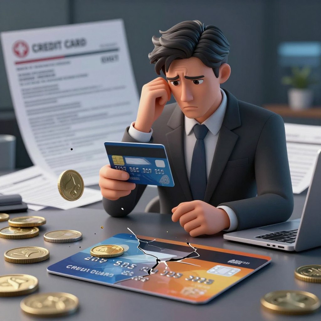 A visually striking illustration depicting the disadvantages of credit cards. In the foreground, showcase a broken credit card, symbolizing financial struggle, with falling coins scattered around it. In the middle ground, illustrate a worried professional individual, dressed in smart business attire, looking at a credit card with a concerned expression, signifying anxiety over debt. In the background, include a blurred image of bills and credit card statements, creating a sense of chaos and financial burden. The lighting should be dim, casting shadows to evoke a moody atmosphere of worry and caution, with a slight focus effect to emphasize the foreground elements. Use a soft depth-of-field to create a compelling sense of depth while maintaining a professional look.