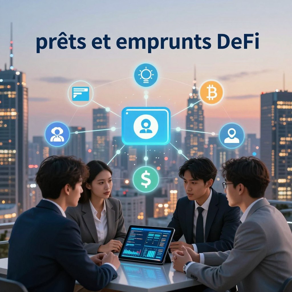 A visually striking illustration representing "prêts et emprunts DeFi" in the context of decentralized finance. In the foreground, show a diverse group of three professionals in business attire, engaged in a discussion over a digital tablet displaying blockchain data. In the middle ground, depict abstract representations of decentralized finance elements like smart contracts, peer-to-peer lending symbols, and cryptocurrency icons, with glowing lines illustrating connections between them. The background features a futuristic city skyline bathed in evening light, with high-tech buildings that embody innovation. Use a soft, warm lighting to create an inviting atmosphere, capturing the excitement and potential of DeFi. The perspective should be slightly elevated, giving a comprehensive view of the scene while ensuring clarity and focus on the professionals and the DeFi elements. A visually striking illustration representing "prêts et emprunts DeFi" in the context of decentralized finance. In the foreground, show a diverse group of three professionals in business attire, engaged in a discussion over a digital tablet displaying blockchain data. In the middle ground, depict abstract representations of decentralized finance elements like smart contracts, peer-to-peer lending symbols, and cryptocurrency icons, with glowing lines illustrating connections between them. The background features a futuristic city skyline bathed in evening light, with high-tech buildings that embody innovation. Use a soft, warm lighting to create an inviting atmosphere, capturing the excitement and potential of DeFi. The perspective should be slightly elevated, giving a comprehensive view of the scene while ensuring clarity and focus on the professionals and the DeFi elements.