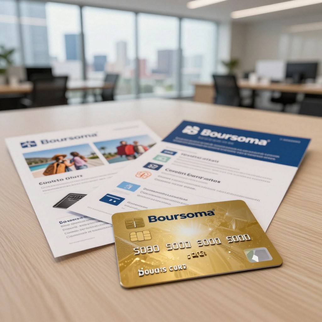 A visually striking representation of credit card offers from Boursorama. In the foreground, feature an elegant, modern credit card glimmering under soft, diffused lighting with a slight sheen. In the middle ground, subtly arrange promotional materials such as flyers and brochures, featuring images of travel, shopping, and digital transactions, evoking the benefits of Boursorama’s offerings. The background showcases a contemporary office environment with a blurred view of a city skyline through large windows, symbolizing financial stability and professionalism. Use a warm color palette to create an inviting atmosphere, emphasizing a sense of trust and sophistication, with a shallow depth of field to focus on the credit card and promotional materials. Capture this scene from a slightly elevated angle, giving depth and context to the offers.