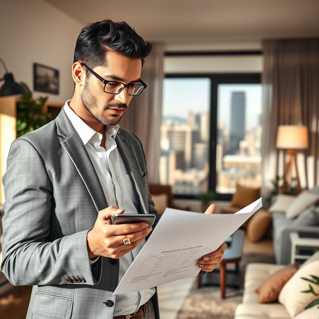 A visually striking scene depicting the concept of "tenant insurance costs." In the foreground, a confident, professionally dressed person (man or woman) examines a document with a calculator in hand, surrounded by various household items like furniture and personal belongings, emphasizing the importance of tenant insurance. In the middle ground, a cozy and well-furnished apartment can be seen, with soft lighting creating a warm and inviting atmosphere. The background features a window showcasing a city skyline, hinting at urban living. The overall mood is practical yet reassuring, using natural light that softly illuminates the scene, capturing a moment of financial planning. The image is framed with a slight depth of field, focusing on the individual and document while blurring the background softly. A visually striking scene depicting the concept of "tenant insurance costs." In the foreground, a confident, professionally dressed person (man or woman) examines a document with a calculator in hand, surrounded by various household items like furniture and personal belongings, emphasizing the importance of tenant insurance. In the middle ground, a cozy and well-furnished apartment can be seen, with soft lighting creating a warm and inviting atmosphere. The background features a window showcasing a city skyline, hinting at urban living. The overall mood is practical yet reassuring, using natural light that softly illuminates the scene, capturing a moment of financial planning. The image is framed with a slight depth of field, focusing on the individual and document while blurring the background softly.