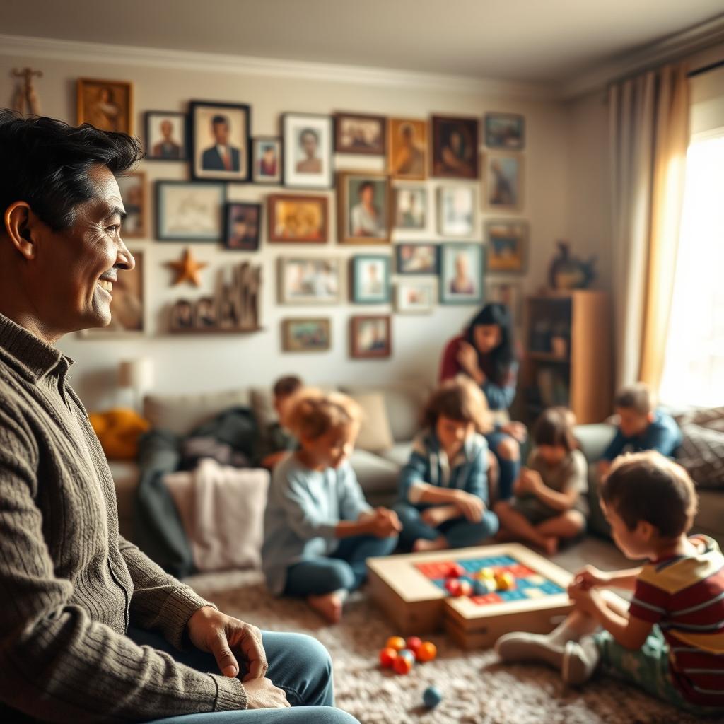 A warm family gathering in a cozy living room, with a diverse group of individuals representing different cultures. In the foreground, a smiling couple, a man and a woman, engaged in conversation, dressed in casual yet neat clothing. In the middle ground, children playing games on a soft rug, surrounded by various cultural artifacts and photos on walls, symbolizing unity and shared values. In the background, sunlight filters through a window, casting a golden glow, enhancing the atmosphere of warmth and togetherness. The scene conveys a feeling of joy, connection, and cultural harmony, highlighting the positive impact of familial love and respect. Soft focus, cinematic angle, bright and inviting lighting.