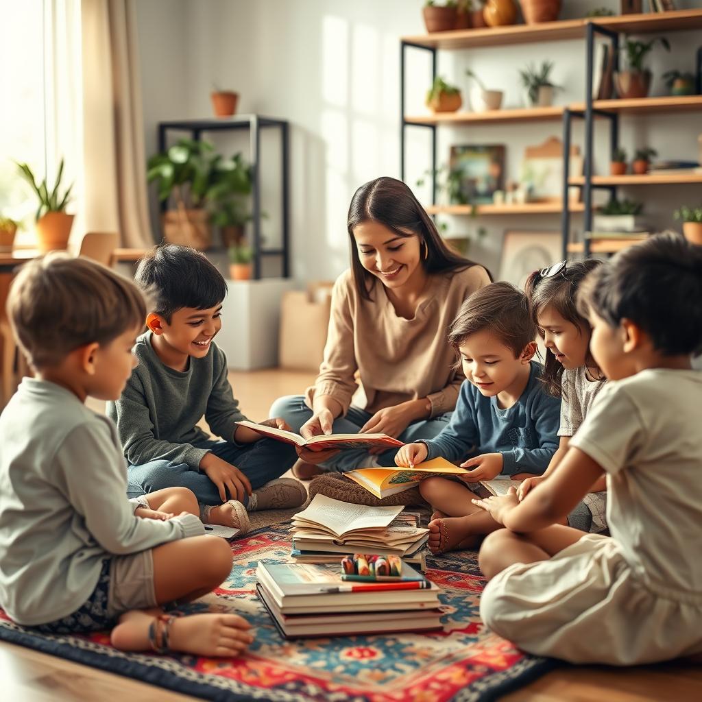 A warm, inviting family scene capturing the essence of children's education within a communal family setting. In the foreground, a diverse group of children, dressed in modest casual clothing, sit on a colorful rug, engaging in a playful learning activity with books and art supplies. The middle ground features a parent figure, dressed in smart casual attire, guiding the children with a smile, fostering an atmosphere of support and encouragement. In the background, a cozy home setting is visible, with shelves filled with educational materials and plants, bathed in soft, natural light that filters through the window. The scene evokes a mood of warmth, connection, and nurturing, emphasizing the importance of education in family life.