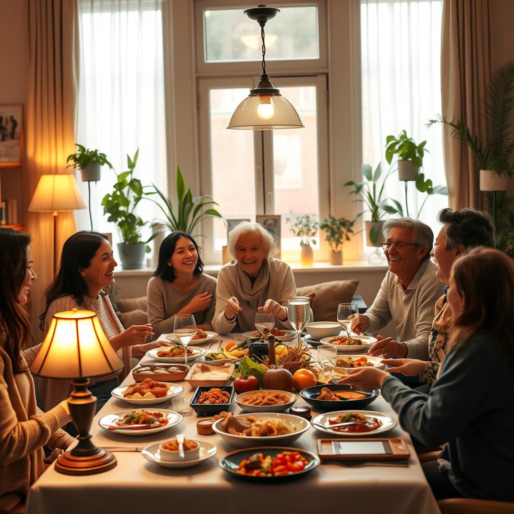 A warm, inviting scene depicting a diverse group of individuals engaged in a communal gathering in a cozy living room. In the foreground, a cheerful family with parents of different ethnicities, dressed in modest casual clothing, enjoy a meal together, laughing and sharing stories. The middle ground features a large, beautifully set dining table with an array of dishes, emphasizing abundance and togetherness. Soft, warm lighting emanates from elegant lamps, creating a cozy atmosphere, while a large window in the background allows gentle, natural light to filter in, illuminating plants and family photos adorning the walls. The overall mood exudes warmth, connection, and unity, capturing the essence of a supportive and harmonious communal family life.