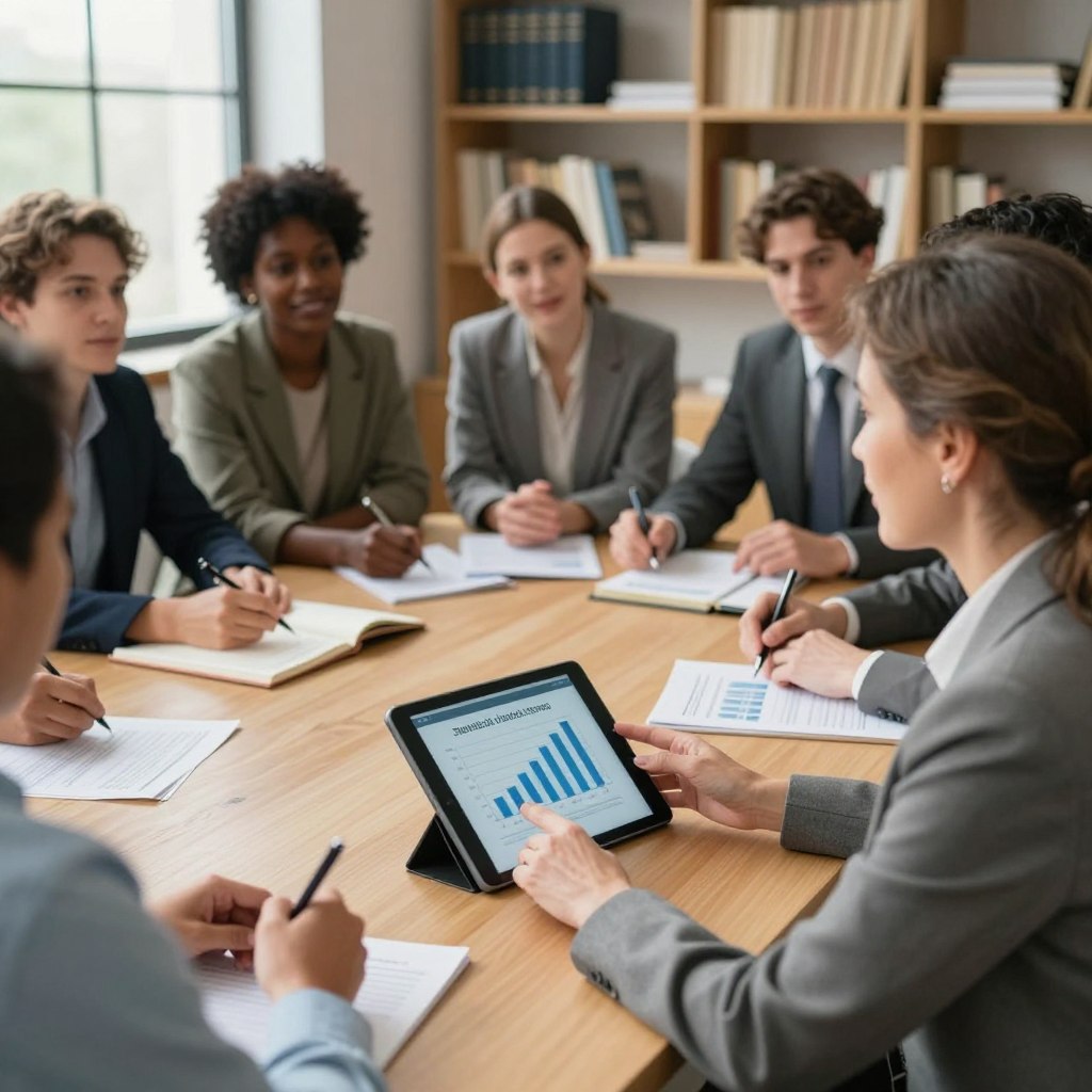 A warm, professional office setting depicting a round table with diverse individuals engaged in discussion about public finance solidarity. In the foreground, focus on a middle-aged woman in a tailored suit, animatedly presenting a chart on a digital tablet. The middle layer showcases a group of professionals, including men and women of various ethnicities, in business attire, exchanging ideas and taking notes. In the background, shelves filled with books and financial reports add depth to the environment. Soft, natural light streams in from large windows, creating an inviting atmosphere. The composition emphasizes collaboration and inclusivity, highlighting the essence of solidarity in public finance. The overall mood should feel optimistic and proactive, inspiring a sense of community engagement in financial matters.