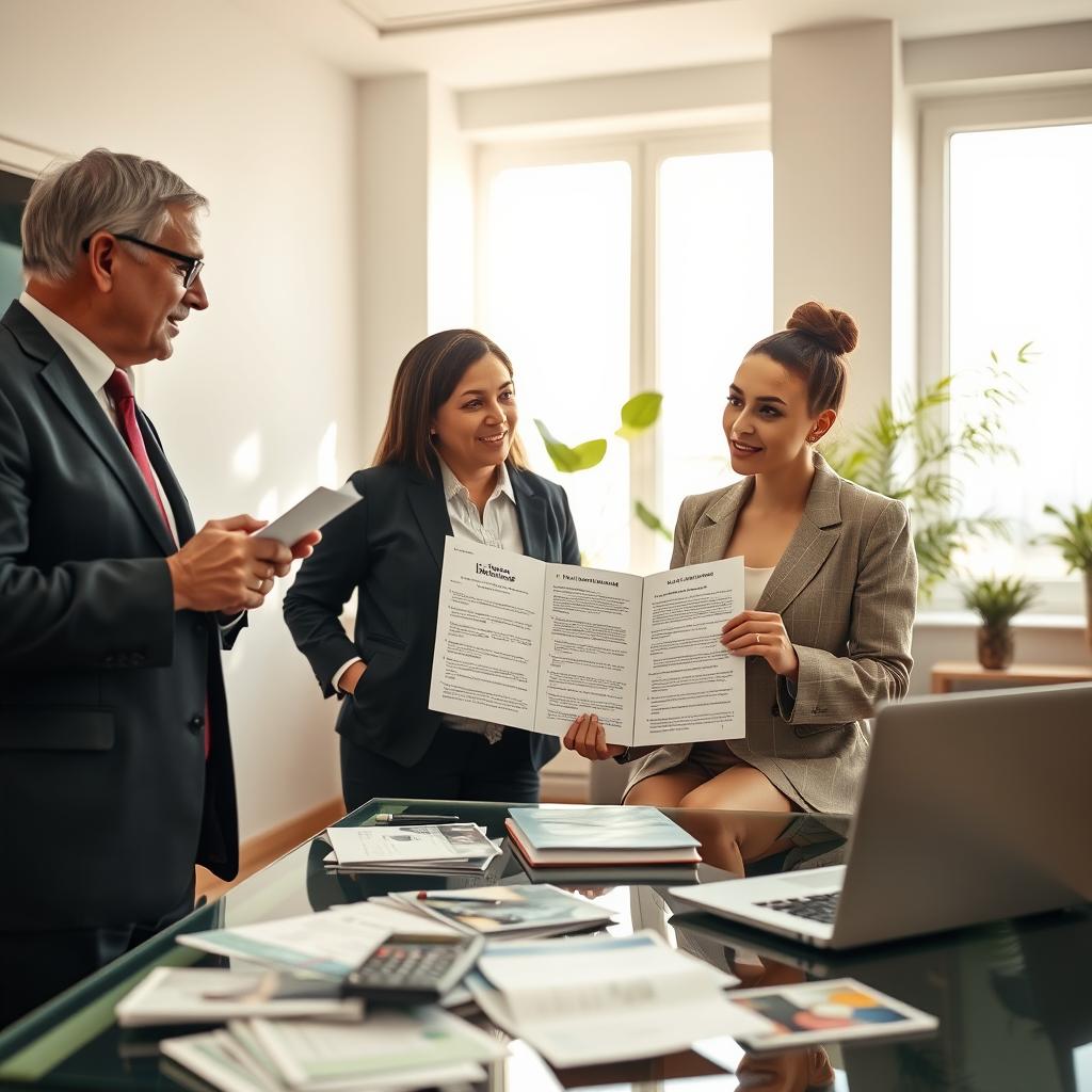 A warm, welcoming office environment showcasing a diverse group of three people engaged in a discussion about life insurance. Foreground: A middle-aged man in a suit actively listening, nodding, and taking notes; a young woman in smart business attire presenting an open folder with documents illustrating life insurance benefits. Middle: A glass table scattered with brochures and a laptop showing a financial calculator. Background: Soft natural light streaming through large windows, creating a bright atmosphere with a vibrant plant in the corner. The mood is professional yet approachable, highlighting collaboration and trust in financial planning. The image should be shot from a slightly elevated angle to capture the interaction and ambiance effectively.
