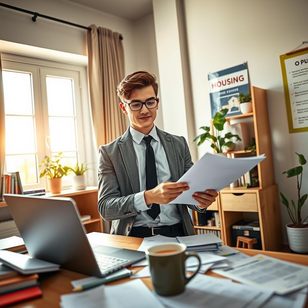 A well-organized study space featuring a confident student, dressed in smart casual attire, reviewing documents about student housing insurance. In the foreground, a desk cluttered with papers, a laptop, and a cup of coffee. The middle ground showcases an open window with soft sunlight streaming in, casting warm light across the room, emphasizing a sense of safety and comfort. In the background, a cozy bookshelf filled with academic books, plants adding a touch of greenery, and a poster related to housing or study tips hanging on the wall. The angle is slightly overhead, creating an inviting and professional atmosphere that reflects diligence and peace of mind regarding housing security.