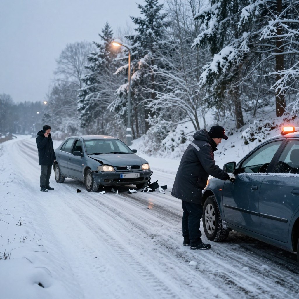A winter road scene depicting an accident involving two vehicles on a snowy, icy road. In the foreground, a professional-looking individual dressed in a warm, weather-appropriate coat is assessing the damage, while standing next to the car with its hazard lights flashing. The middle ground shows a second vehicle with crumpled fenders and scattered debris on the road, with a third driver nearby, cautiously talking on a phone. In the background, tall snow-covered trees and a dimly lit street lamp casting a soft glow, hinting at early evening. The scene conveys a sense of urgency but also an atmosphere of calm concern. The lighting is soft and diffused, simulating the overcast sky typical of snowy weather, captured using a slightly wide-angle lens to include the intriguing roadside landscape.