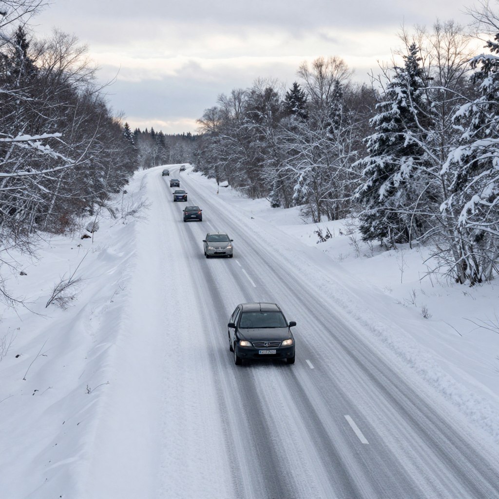 A winter scene depicting a snowy road, emphasizing the importance of maintaining a safe distance while driving. In the foreground, a vehicle cautiously navigating the icy road, with clear braking distance marked in the snow. The middle ground features additional cars spaced adequately apart, demonstrating safe driving practices in winter conditions. The background reveals snow-covered trees and a cloudy sky, casting a soft, diffused light across the scene. The atmosphere should feel calm yet serious, highlighting the necessity of safety during snowy weather. Capture the image from a slightly elevated angle, giving an overview of the road conditions, ensuring there's no text or human figures present.