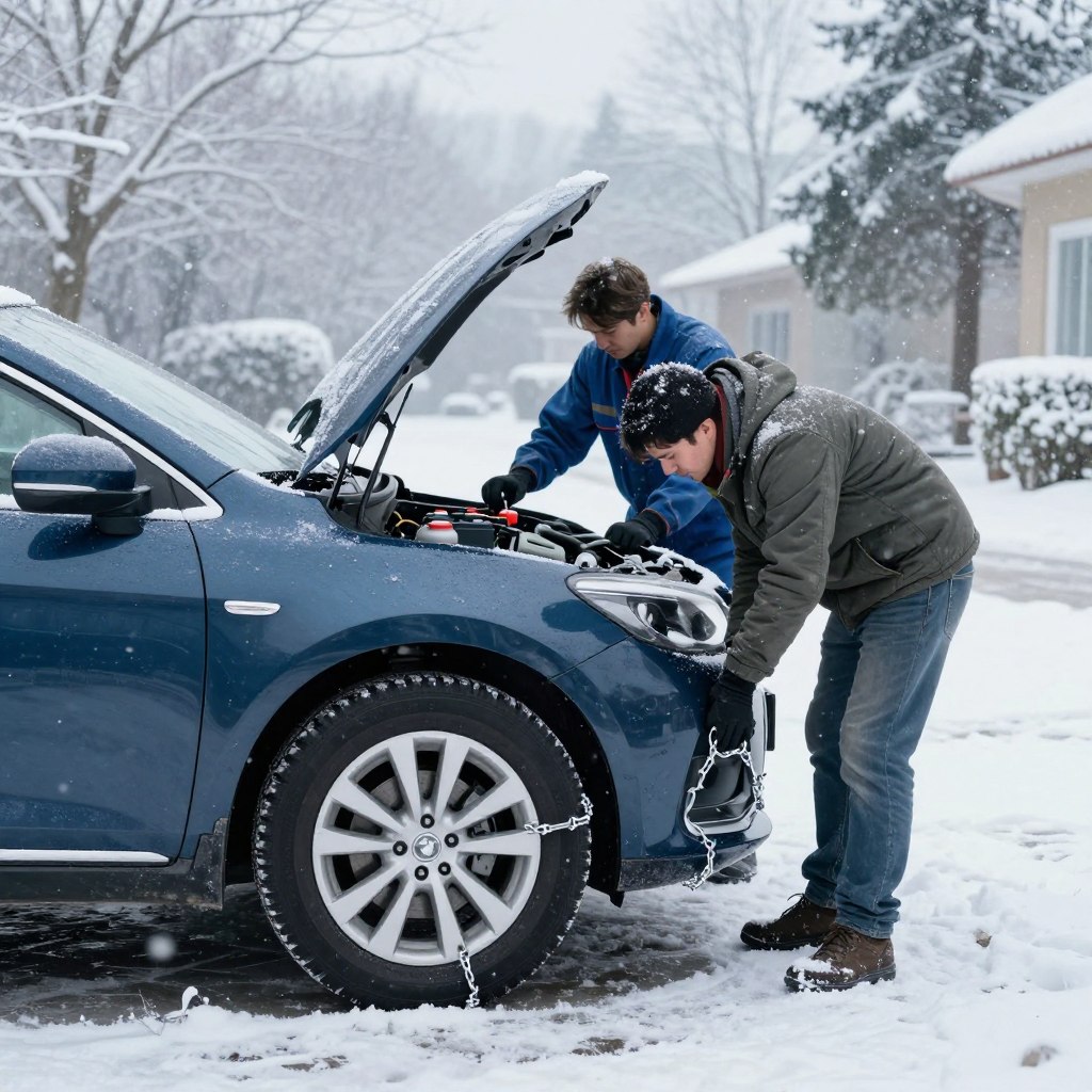 A winter vehicle preparation scene displaying a car in a snowy driveway. In the foreground, a person in modest casual clothing inspects the car’s tires, which are fitted with winter chains. The middle ground shows a partially open hood, where a mechanic is checking the battery and fluid levels. Surrounding the driveway is a serene winter landscape with gently falling snowflakes and a few snow-laden trees in the background. The lighting is soft and diffused, suggesting a chilly, overcast day, with a cool color palette emphasizing blues and whites. The mood is focused and proactive, ideal for conveying the importance of winter vehicle readiness.