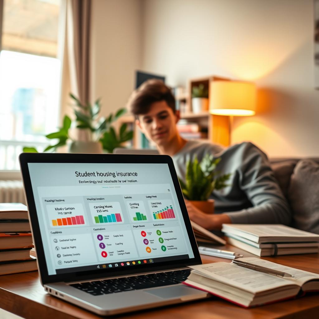 A young adult studying in a cozy, modern student apartment, surrounded by books and a laptop, symbolizing student housing insurance assurance. In the foreground, a detailed focus on the laptop screen displaying a comparison of housing insurance options with colorful graphs and icons. In the middle, a tidy desk with school supplies and a green plant, representing a balanced student life. The background features a bright window with natural light pouring in, showcasing a lively urban landscape. Warm and inviting tones create a sense of security and comfort. The atmosphere is optimistic and contemplative, capturing the essence of finding the right housing insurance.