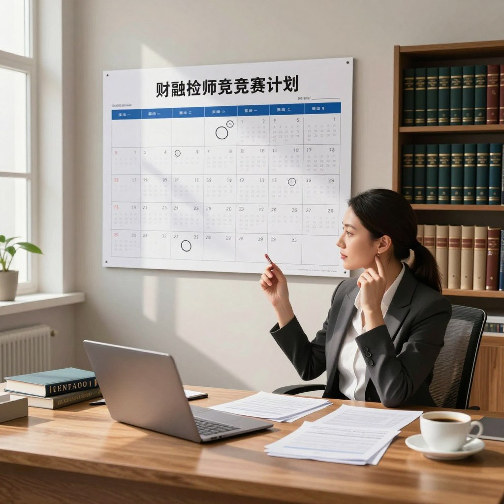 An elegant and organized office setting showcasing a large calendar prominently displayed on a wall, divided into months with important dates circled. In the foreground, a professional woman in business attire is studying the calendar with a thoughtful expression, surrounded by neatly arranged papers and a laptop. The middle ground features a wooden desk with a few finance-related books and a cup of coffee to create a warm atmosphere. The background includes bookshelves filled with legal and financial literature, softly lit by natural sunlight streaming through a nearby window, creating a calm and focused mood. The scene captures the essence of preparation and professionalism, embodying the theme of the financial inspector competition schedule. Aim for a wide-angle perspective, allowing for a clear view of the entire setting.