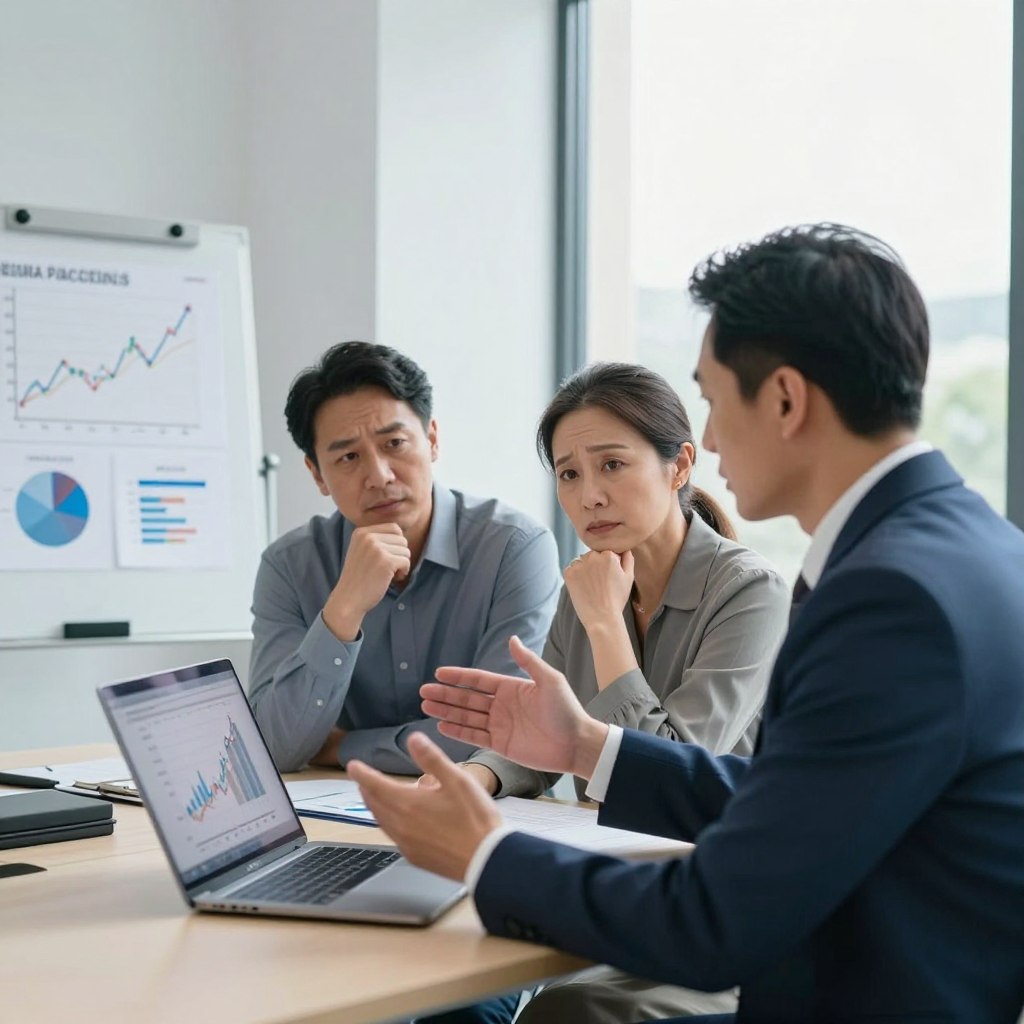 An elegant office setting featuring a professional financial advisor discussing wealth management strategies with a middle-aged couple. In the foreground, the advisor, wearing smart business attire, gestures towards a sophisticated presentation displayed on a laptop. The couple appears attentive but slightly concerned, reflecting the disadvantages of financial investment decisions. In the middle ground, there are charts and graphs on a whiteboard that illustrate market trends and risks, symbolizing the complexities of financial placements. A large window in the background allows natural light to flood the room, creating a warm yet serious atmosphere. The color palette is composed of soft blues and grays to evoke professionalism and trust while highlighting a theme of caution in financial investment.