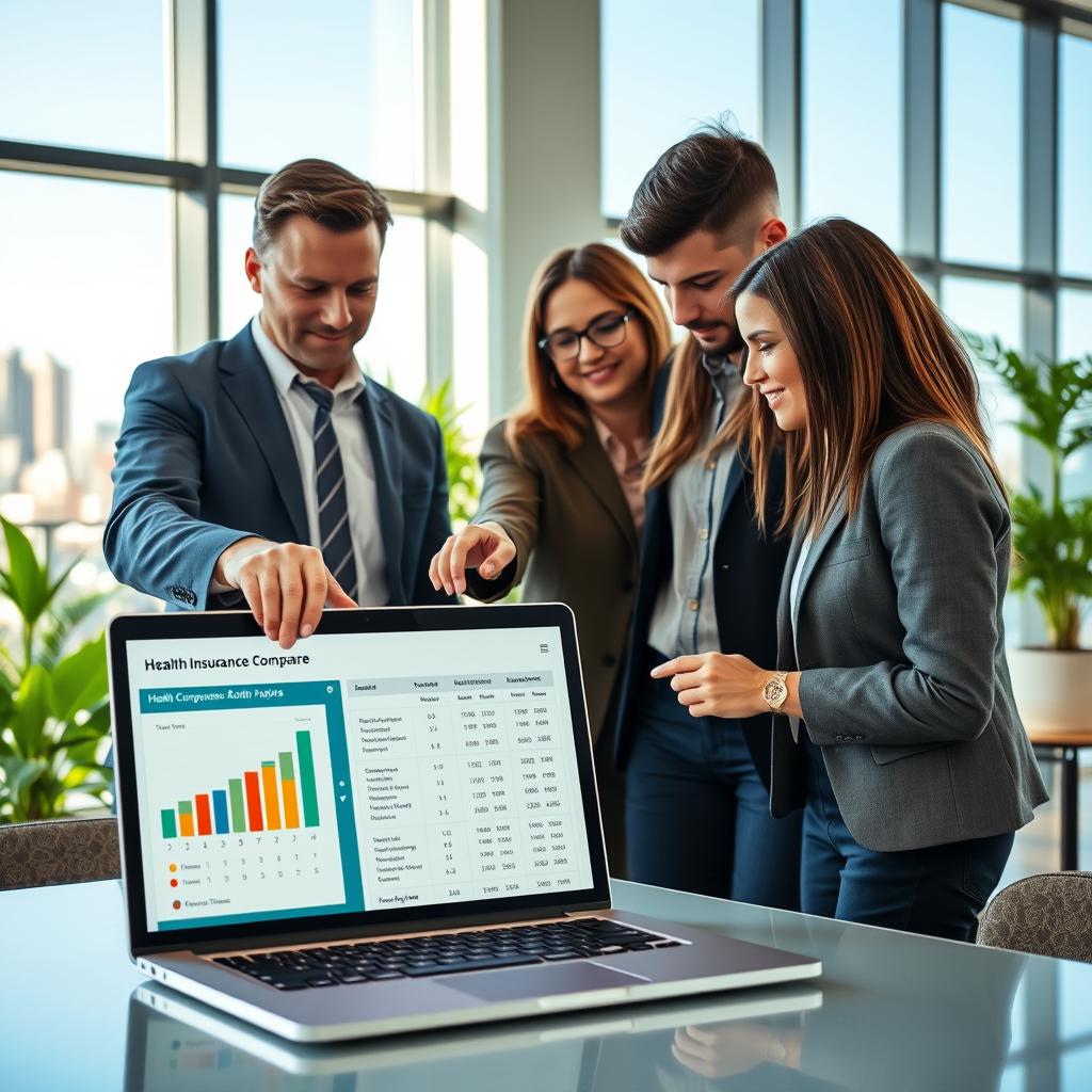 An informative and engaging scene depicting a modern online health insurance comparison tool, focused on the theme of "step-by-step guide to compare." In the foreground, a sleek laptop displays a user-friendly interface with graphs and comparison tables on the screen. A diverse group of three individuals—one man in a suit, one woman in a smart blouse, and a younger person in business casual—are actively analyzing the information together, pointing at the screen, and discussing options. The middle ground shows a stylish office environment filled with greenery and soft lighting, enhancing a productive atmosphere. In the background, large windows reveal a cityscape with a clear blue sky. The overall mood is collaborative and insightful, emphasizing smart decision-making in health coverage choices.