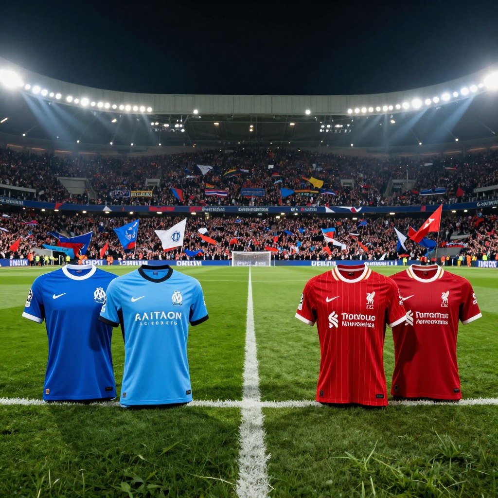 In the foreground, feature two sets of vibrant football jerseys, one in Marseille's royal blue and the other in Liverpool's bright red, artistically arranged to symbolize rivalry. Each jersey should display the team's logo prominently without any text. In the midground, a dramatic football pitch under spotlights sets an electrifying atmosphere, with soft shadows emphasizing the grass texture. The background showcases a cheering crowd in a stadium filled with excitement, with flags and banners waving energetically, conveying the anticipation for the match. Use a wide-angle perspective to capture the dynamic action scene. The mood should be intense and charged, reflecting the passion of champions poised for a decisive battle in the Champions League. Opt for slightly dramatic lighting to enhance the energy.