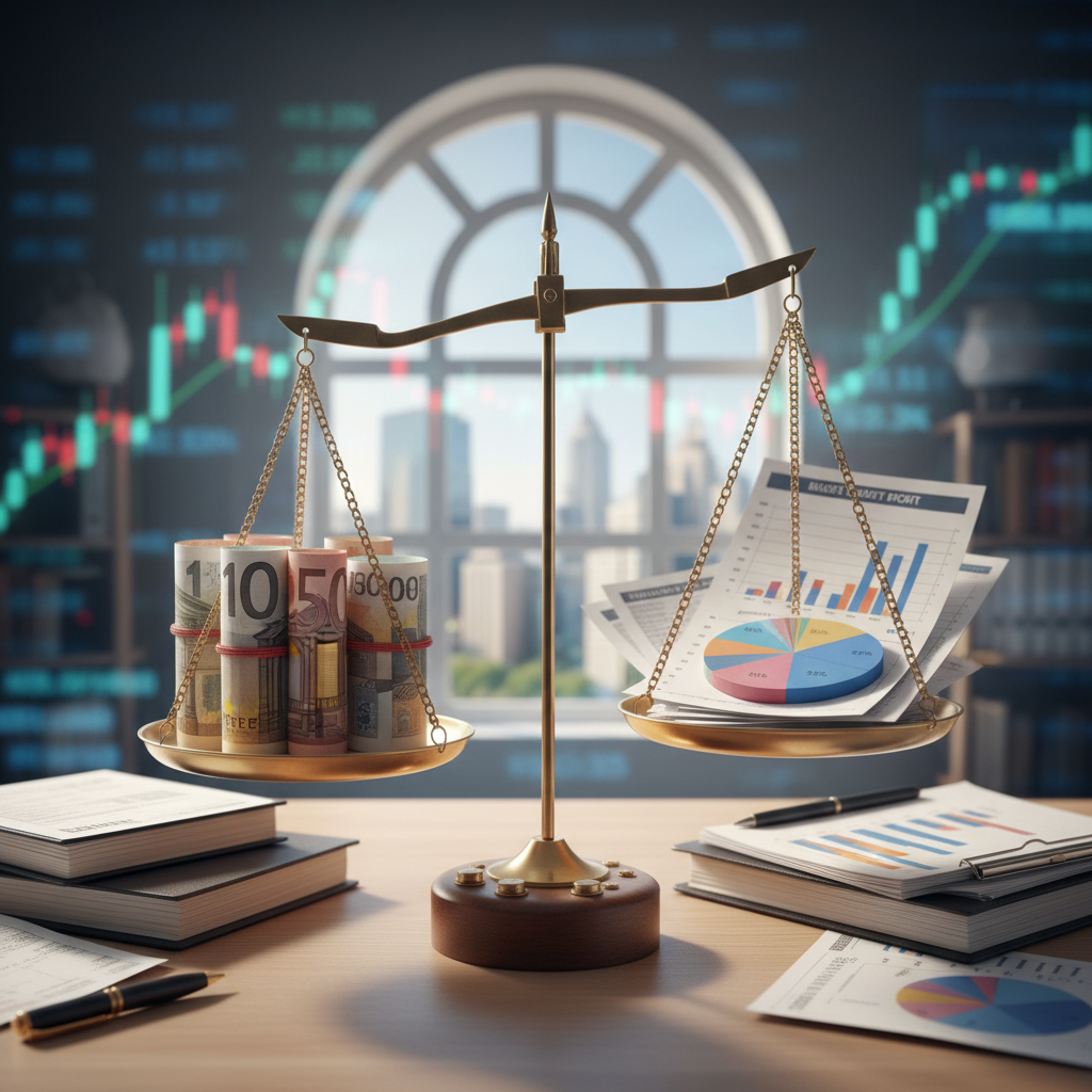 A balanced financial scale prominently displayed in the foreground, with one side showcasing various currencies and financial documents while the other side holds a stack of pie charts and budget reports. In the middle ground, depict a serene office environment with a large window revealing a city skyline, hinting at economic stability. Soft, natural lighting streams in, casting gentle shadows and illuminating the scene with a warm glow. The background features blurred outlines of financial data charts and graphs, symbolizing fiscal analysis and evaluation. The atmosphere is calm yet professional, conveying a sense of careful consideration in budgetary matters without any text or distractions.
