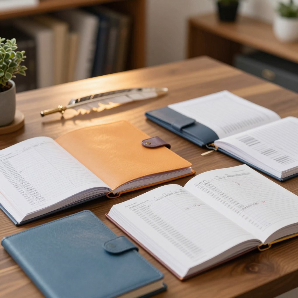 A beautifully arranged display of regulated savings books, prominently showcasing their covers with distinct colors and designs. In the foreground, a collection of these savings books lies open, revealing their detailed pages filled with monetary information and interest rates. In the middle ground, a wooden desk reflects a warm, soft light, complemented by a sleek quill and aesthetically pleasing stationery, hinting at financial planning. The background features a subtle blur of a cozy office setting, with soft-focus shelves lined with financial literature and potted plants, creating a calm, secure atmosphere. The lighting is soft and inviting, evoking a sense of trust and safety in financial management, captured from a slightly elevated angle to emphasize the clarity of the savings books.
