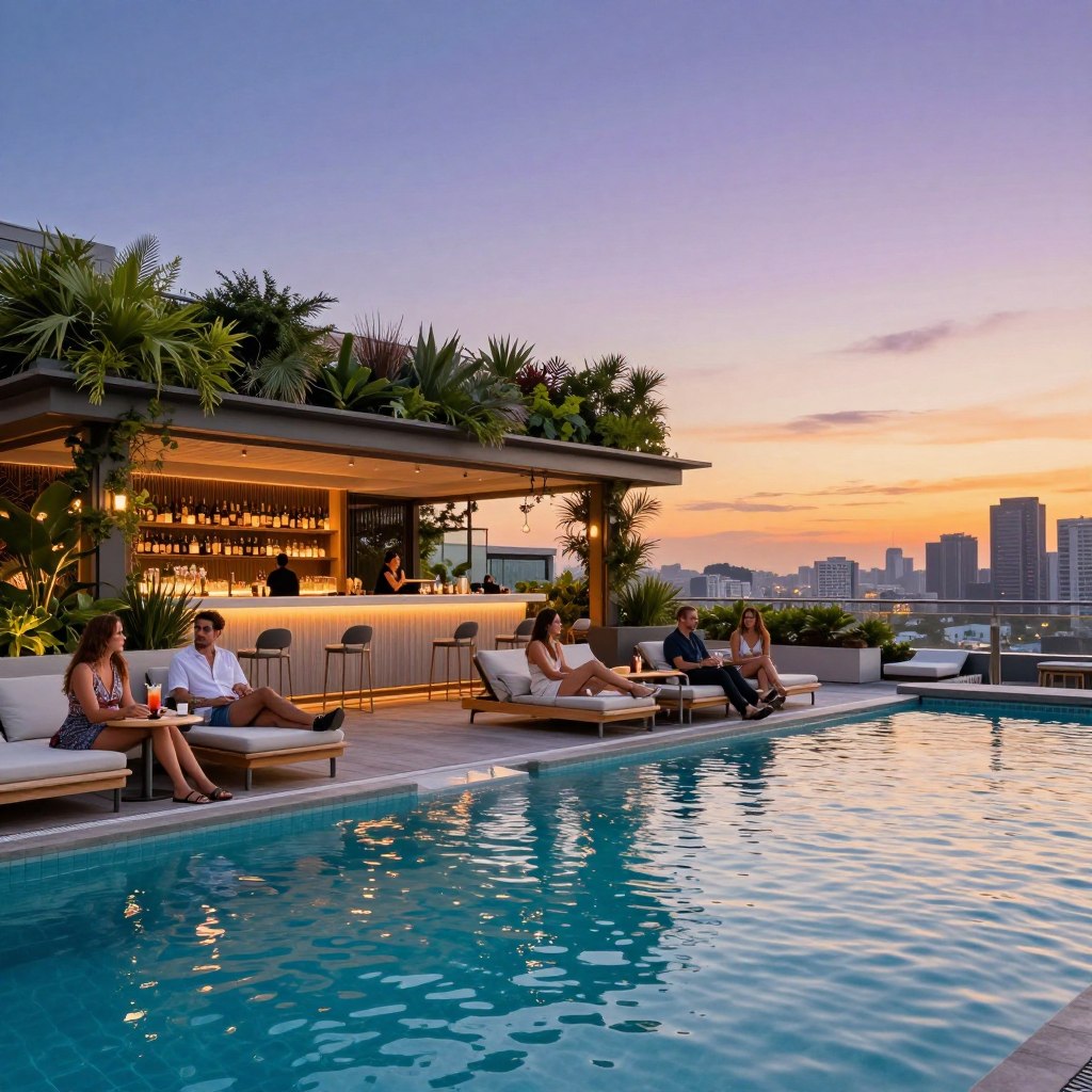 A breathtaking rooftop bar featuring elegant swimming pools, surrounded by lush greenery and stylish lounge chairs. In the foreground, crystal-clear water shimmers in the sunlight, reflecting the blue sky. A few guests dressed in casual yet chic attire enjoy cocktails while lounging by the pool's edge, creating a relaxed atmosphere. The middle ground showcases a stylish bar area with modern furniture and ambient lighting, inviting patrons to unwind. In the background, a stunning city skyline is visible, bathed in the warm glow of a sunset, with orange and purple hues blending beautifully. Soft, inviting lighting enhances the serene ambiance, creating an ideal escape for relaxation and socialization. The scene captures the essence of luxury and enjoyment at a rooftop pool bar.