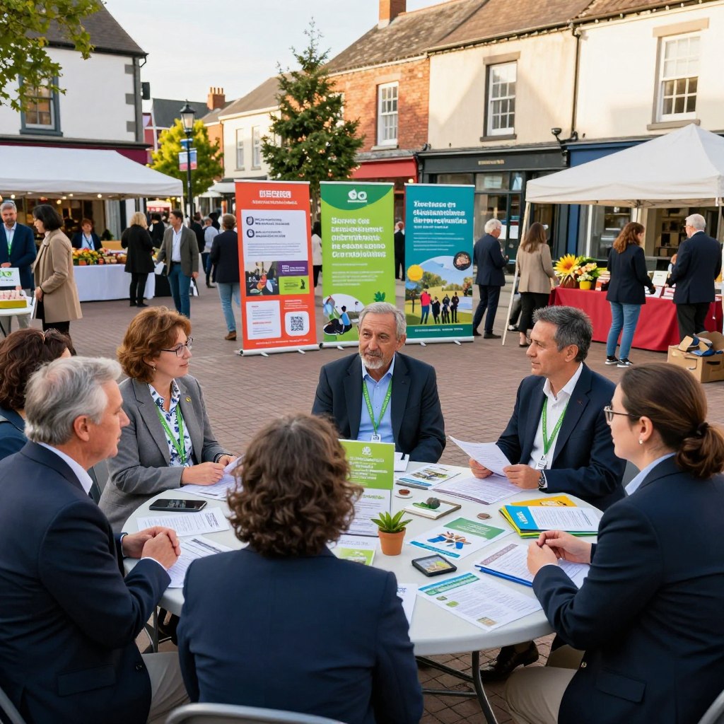 A bustling local community meeting in a quaint town square showcasing vibrant local initiatives and partnerships. In the foreground, a diverse group of community members, including professionals and volunteers dressed in smart business attire, are actively engaging in discussions around tables filled with flyers and project proposals. In the middle, colorful banners and posters highlight various local projects related to sustainability and community welfare, while a local farmer's market is visible in the background. Soft afternoon sunlight bathes the scene, creating a warm and inviting atmosphere. The angle captures the dynamic interactions and the sense of collaboration. Aim for a bright, hopeful mood that emphasizes community spirit and local involvement.