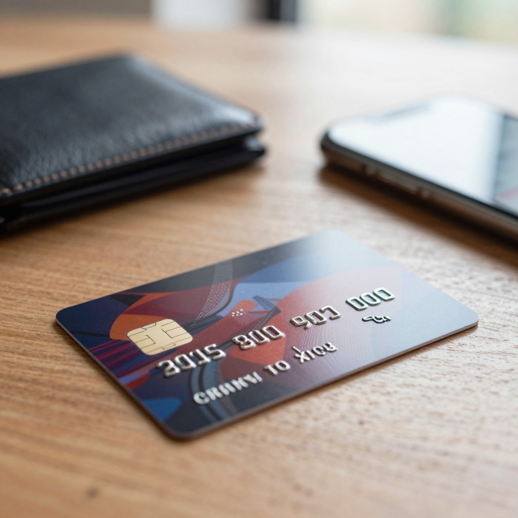A close-up of a modern debit card placed on a sleek wooden desk, showcasing its glossy surface and chip details. The card should feature a vibrant design with abstract patterns and subtle metallic elements. In the background, softly blurred out of focus, there should be a minimalist wallet and a stylish smartphone displaying a banking app, suggesting a tech-savvy lifestyle. Natural light filters through a nearby window, casting gentle shadows and creating an inviting atmosphere. The image should evoke a sense of practicality and ease, highlighting the functionalities of a debit card. The angle should be slightly tilted for a dynamic look, ensuring the focus remains on the debit card itself without any distracting elements.