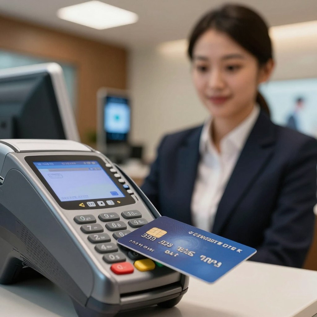 A close-up of a secure payment terminal with a debit card being inserted. The foreground features the card clearly visible, showcasing its chip with a glowing light representing security. In the middle ground, a professional businessperson in smart attire is calmly observing the transaction, with a focused and confident expression. The background includes a softly blurred modern banking environment with hints of high-tech security features like cameras and biometric scanners. The lighting is warm yet focused on the terminal, creating a sense of safety and reliability. The overall mood conveys trust and security in financial transactions, suitable for illustrating concepts of debit card safety. A close-up of a secure payment terminal with a debit card being inserted. The foreground features the card clearly visible, showcasing its chip with a glowing light representing security. In the middle ground, a professional businessperson in smart attire is calmly observing the transaction, with a focused and confident expression. The background includes a softly blurred modern banking environment with hints of high-tech security features like cameras and biometric scanners. The lighting is warm yet focused on the terminal, creating a sense of safety and reliability. The overall mood conveys trust and security in financial transactions, suitable for illustrating concepts of debit card safety.