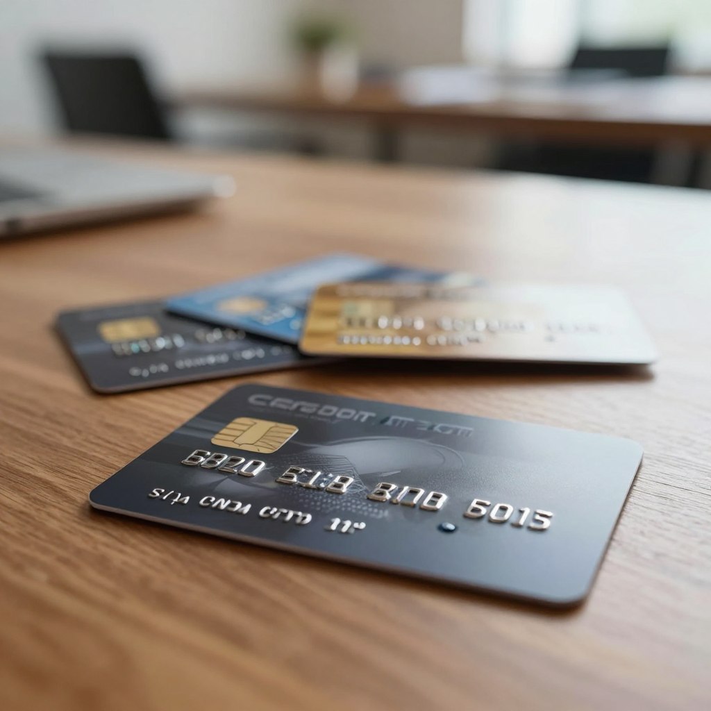 A close-up of a sleek, modern credit or debit card prominently displayed in the foreground, showcasing its sleek design with holographic elements and a contactless feature. The card should be set on a polished wooden table, symbolizing elegance and professionalism. In the middle ground, a blurred stack of various credit and debit cards can be seen, hinting at options available for comparison. The background features a soft-focus office environment, illuminated by warm light, creating a cozy yet professional atmosphere. The image captures the essence of evaluating card offers, suggesting choice and sophistication, while avoiding any text, logos, or personal identifiers. A close-up of a sleek, modern credit or debit card prominently displayed in the foreground, showcasing its sleek design with holographic elements and a contactless feature. The card should be set on a polished wooden table, symbolizing elegance and professionalism. In the middle ground, a blurred stack of various credit and debit cards can be seen, hinting at options available for comparison. The background features a soft-focus office environment, illuminated by warm light, creating a cozy yet professional atmosphere. The image captures the essence of evaluating card offers, suggesting choice and sophistication, while avoiding any text, logos, or personal identifiers.