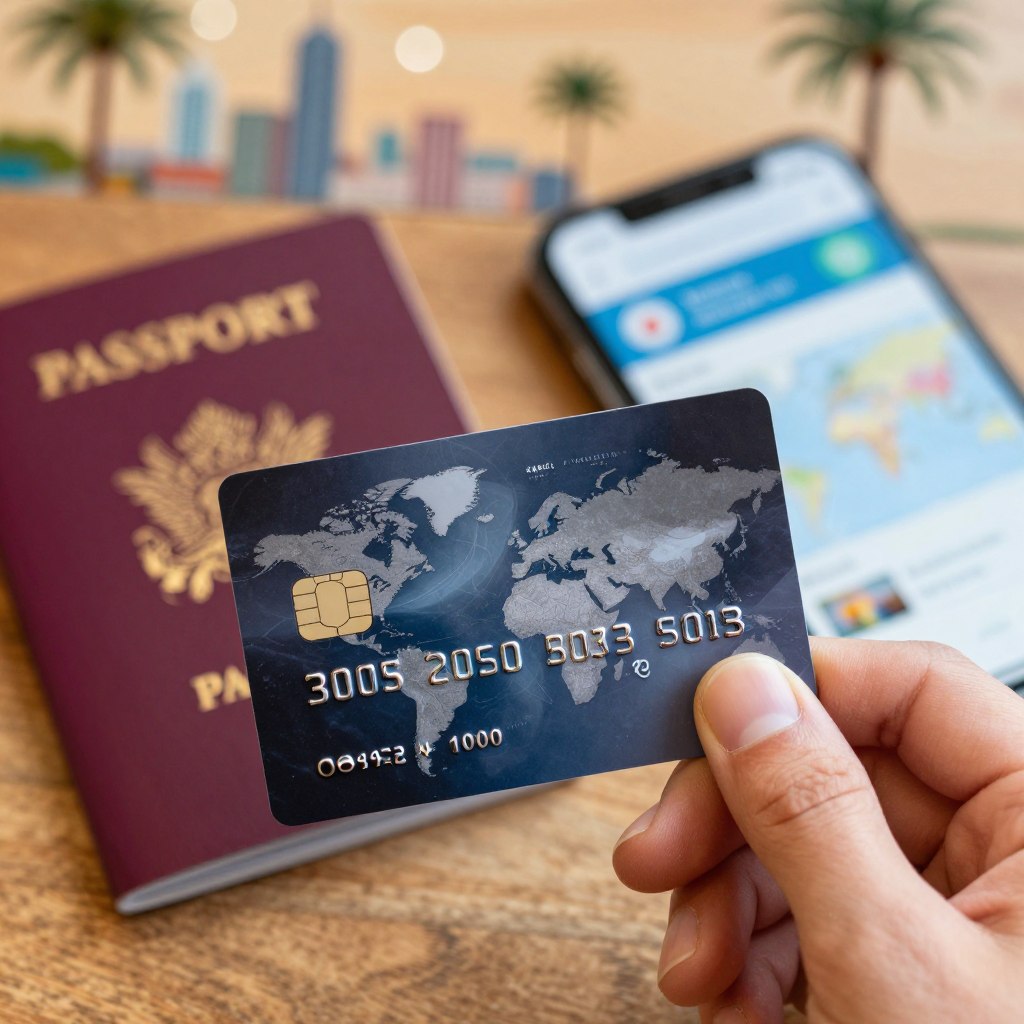 A close-up scene featuring a sleek credit card held between fingers, showcasing an international design with globe motifs. In the foreground, display the card prominently, reflecting intricate details like holographic elements and chip technology. In the middle ground, a blurred image of a passport and a smartphone with travel apps open to suggest international travel. The background should feature a softly lit café ambiance, hinting at exotic locales with bokeh effects of distant landmarks, like a skyline or palm trees. The lighting should be warm and inviting, evoking a sense of adventure and financial empowerment. The overall mood should feel professional yet relaxed, suitable for a traveler confidently navigating foreign transactions. A close-up scene featuring a sleek credit card held between fingers, showcasing an international design with globe motifs. In the foreground, display the card prominently, reflecting intricate details like holographic elements and chip technology. In the middle ground, a blurred image of a passport and a smartphone with travel apps open to suggest international travel. The background should feature a softly lit café ambiance, hinting at exotic locales with bokeh effects of distant landmarks, like a skyline or palm trees. The lighting should be warm and inviting, evoking a sense of adventure and financial empowerment. The overall mood should feel professional yet relaxed, suitable for a traveler confidently navigating foreign transactions.