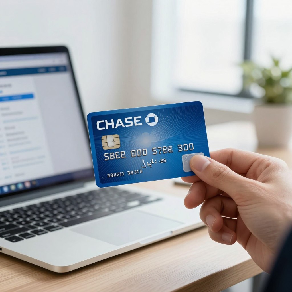 A close-up view of a Chase credit card, designed with sleek, modern aesthetics and the iconic blue and white color scheme. The card should feature the logo prominently, and intricate patterns in the background to signify security and sophistication. In the foreground, a hand, dressed in a professional business attire, is holding the card towards the viewer, emphasizing its importance. The middle-ground includes a softly blurred laptop and a smartphone displaying the Chase banking app, symbolizing the ease of online account access. The background should consist of an elegant office setting with soft, diffused natural light flowing through a window, creating a calm and professional atmosphere, suggesting convenience and empowerment in managing personal finances.
