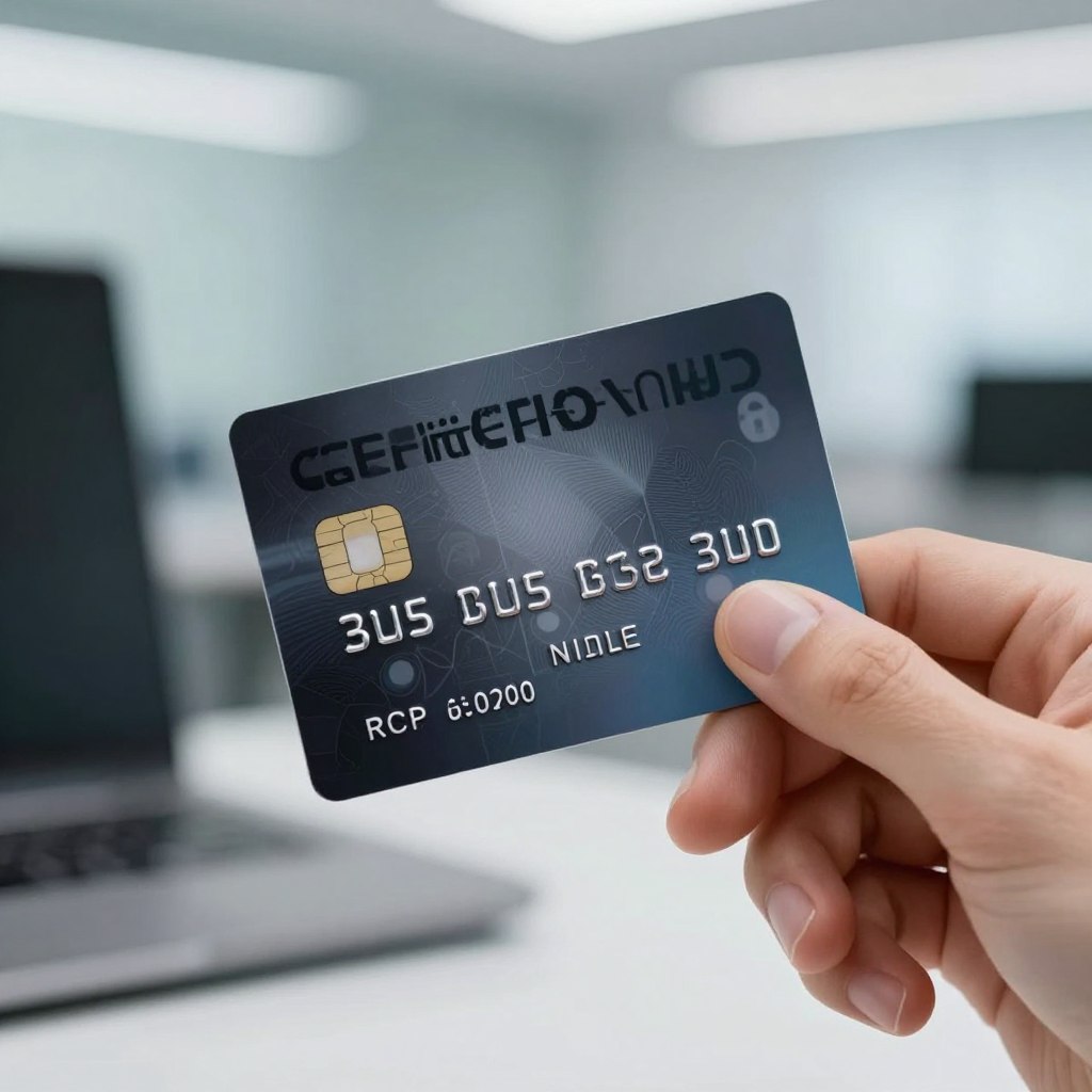 A close-up view of a credit card being securely held in a professional's hand, showcasing the intricate security features such as a hologram, microchip, and embossed numbers. The background features a blurred scene of a modern office environment, conveying a sense of professionalism. Soft, diffused lighting enhances the security features on the card, creating a feeling of trust and dependability. The foreground focuses on the card, with details like fingerprint security or a padlock symbol subtly integrated into the design. The overall mood is one of confidence and safety, emphasizing the importance of credit card security in today's digital age. A close-up view of a credit card being securely held in a professional's hand, showcasing the intricate security features such as a hologram, microchip, and embossed numbers. The background features a blurred scene of a modern office environment, conveying a sense of professionalism. Soft, diffused lighting enhances the security features on the card, creating a feeling of trust and dependability. The foreground focuses on the card, with details like fingerprint security or a padlock symbol subtly integrated into the design. The overall mood is one of confidence and safety, emphasizing the importance of credit card security in today's digital age.