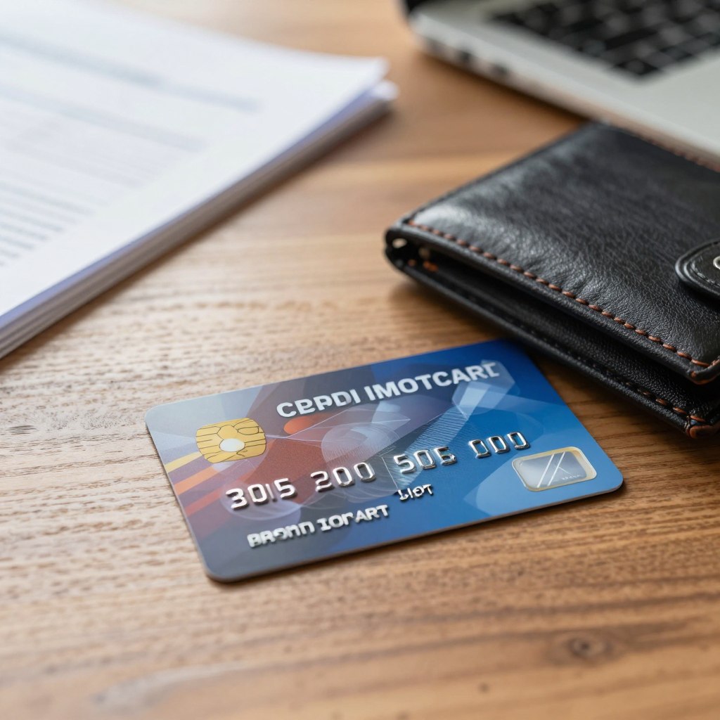 A close-up view of a credit card placed on a wooden table, with a stylish wallet partially open beside it. The card should have a modern design, showcasing a blend of vibrant colors and sleek patterns. Soft, natural light filters in from a nearby window, creating subtle shadows that enhance the texture of the table and the sheen of the card. In the background, slightly blurred, there are financial documents and a laptop, suggesting a professional setting. The overall atmosphere is calm and analytical, with a focus on financial decision-making. The image conveys a feeling of trust and responsibility, aligning with the topic of credit impact. No text or logos should be present. A close-up view of a credit card placed on a wooden table, with a stylish wallet partially open beside it. The card should have a modern design, showcasing a blend of vibrant colors and sleek patterns. Soft, natural light filters in from a nearby window, creating subtle shadows that enhance the texture of the table and the sheen of the card. In the background, slightly blurred, there are financial documents and a laptop, suggesting a professional setting. The overall atmosphere is calm and analytical, with a focus on financial decision-making. The image conveys a feeling of trust and responsibility, aligning with the topic of credit impact. No text or logos should be present.