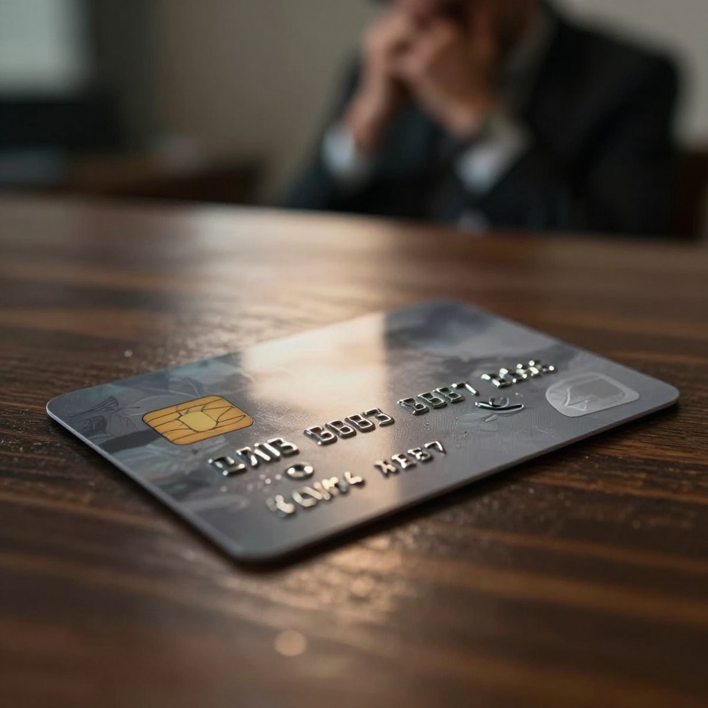 A close-up view of a credit card resting on a dark wooden table, illuminated by soft, diffused lighting to create a warm atmosphere. The card is slightly tilted, showcasing its embossed numbers and metallic sheen, while subtle reflections from the surface enhance its depth. In the background, a faint silhouette of a worried individual can be seen, dressed in professional attire, representing concerns about credit card debt. The focus remains on the card, with a shallow depth of field blurring the background slightly to emphasize the subject. The mood is contemplative, inviting viewers to think about the potential downsides of credit cards in contrast to debit cards. A close-up view of a credit card resting on a dark wooden table, illuminated by soft, diffused lighting to create a warm atmosphere. The card is slightly tilted, showcasing its embossed numbers and metallic sheen, while subtle reflections from the surface enhance its depth. In the background, a faint silhouette of a worried individual can be seen, dressed in professional attire, representing concerns about credit card debt. The focus remains on the card, with a shallow depth of field blurring the background slightly to emphasize the subject. The mood is contemplative, inviting viewers to think about the potential downsides of credit cards in contrast to debit cards.
