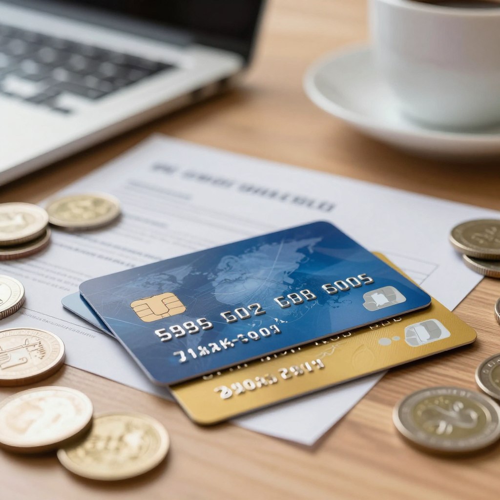 A close-up view of a debit and credit card set on a wooden table, showing intricate designs and chip technology. The debit card, with a blue color scheme, has minimalistic patterns, while the credit card features an elegant gold finish. Surrounding the cards are small piles of coins and financial documents, subtly emphasizing the theme of associated fees. In the background, softly blurred, a soft focus of an office desk setting with a laptop and a coffee cup, suggesting a professional atmosphere. The lighting is warm and inviting, creating a friendly yet informative mood. The angle is slightly above the cards, highlighting their details while maintaining a clear focus on the theme of financial management.