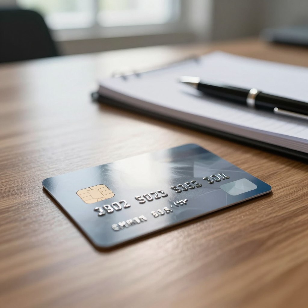 A close-up view of a modern credit card lying on a polished wooden desk, with a soft-focus background featuring a faint outline of a financial notebook and a stylish pen. The card has a sleek design with a shimmering metallic finish and an embedded chip, reflecting bright, natural light from a nearby window. In the background, a blurred office setting adds a sense of professionalism. The atmosphere is calm and organized, emphasizing responsible financial management. A subtle play of shadows and highlights enhances the card’s features, making it the focal point of the image. Overall, the scene conveys trust and reliability in the context of financial decision-making. A close-up view of a modern credit card lying on a polished wooden desk, with a soft-focus background featuring a faint outline of a financial notebook and a stylish pen. The card has a sleek design with a shimmering metallic finish and an embedded chip, reflecting bright, natural light from a nearby window. In the background, a blurred office setting adds a sense of professionalism. The atmosphere is calm and organized, emphasizing responsible financial management. A subtle play of shadows and highlights enhances the card’s features, making it the focal point of the image. Overall, the scene conveys trust and reliability in the context of financial decision-making.