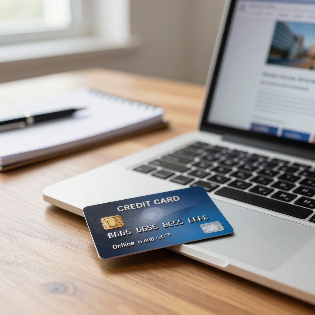 A close-up view of a modern, sleek online credit card placed on a polished wooden desk, with a laptop open beside it displaying a financial comparison website. In the background, there are soft-focus elements like a notepad and a pen, symbolizing careful consideration and note-taking. The scene is brightly lit with natural light streaming in from a nearby window, casting gentle shadows. The atmosphere is professional and calm, evoking a sense of seriousness and responsibility in financial decision-making. The lens angle is slightly above eye level, creating an engaging depth of field that draws attention to the credit card and the laptop screen. A close-up view of a modern, sleek online credit card placed on a polished wooden desk, with a laptop open beside it displaying a financial comparison website. In the background, there are soft-focus elements like a notepad and a pen, symbolizing careful consideration and note-taking. The scene is brightly lit with natural light streaming in from a nearby window, casting gentle shadows. The atmosphere is professional and calm, evoking a sense of seriousness and responsibility in financial decision-making. The lens angle is slightly above eye level, creating an engaging depth of field that draws attention to the credit card and the laptop screen.