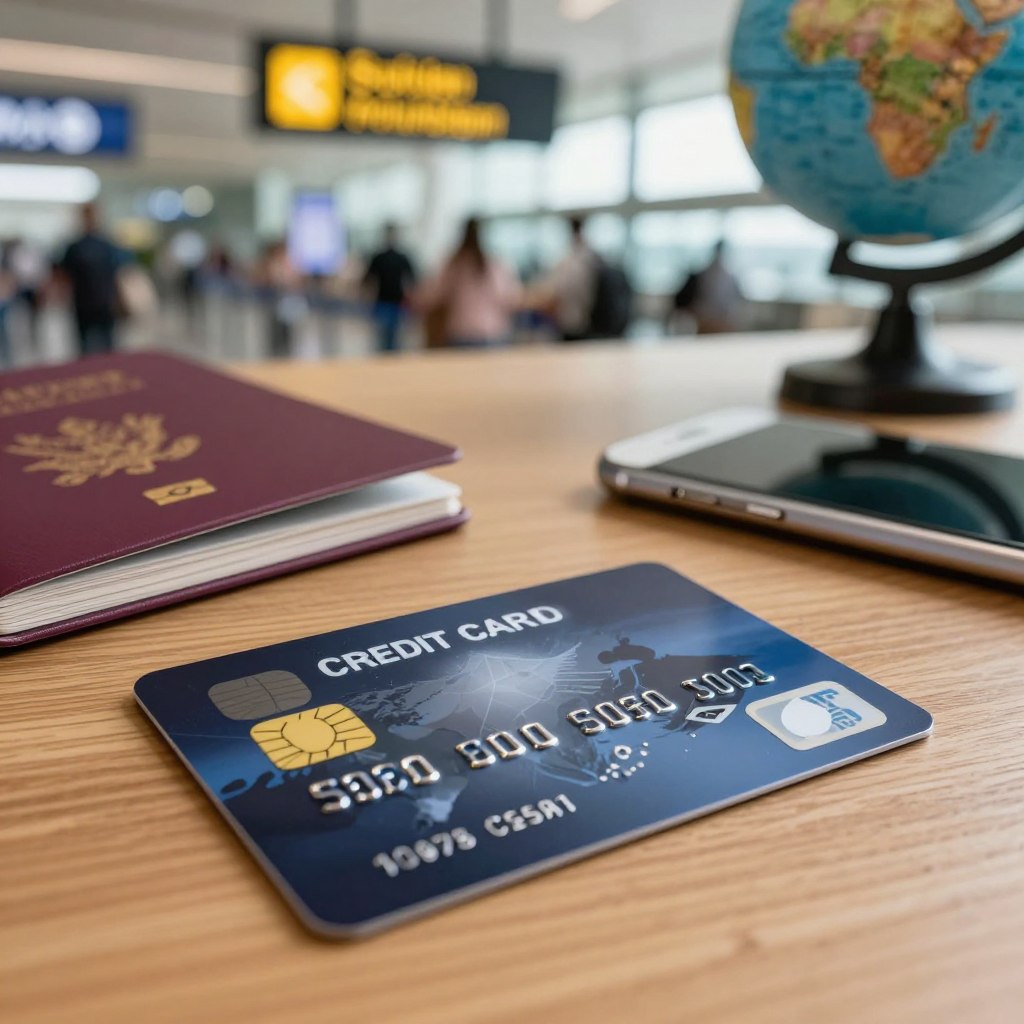 A close-up view of an international credit card lying on a wooden table, surrounded by various travel essentials such as a passport, a globe, and a smartphone. The card should feature an elegant design with recognizable international payment symbols. In the background, softly blurred, there are hints of an airport setting with travelers checking in and departure signs illuminated. The lighting is warm and inviting, suggesting a sense of adventure and global connectivity. The angle captures the details of the card prominently while creating a natural depth of field, enhancing the atmosphere of travel and finance. The scene conveys professionalism and readiness for international usage, without any text or logos.