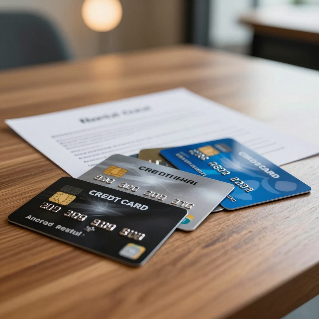 A close-up view of various credit cards arranged aesthetically on a sleek, modern wooden table. The foreground features a glossy black credit card, a metallic silver card, and a vibrant blue card, showcasing various types accepted for car rentals. The middle ground includes a small, elegant rental agreement partially hidden beneath the cards, adding context to the image. In the background, soft bokeh lights create a warm, inviting atmosphere, suggesting a professional and trustworthy environment. The lighting is soft and diffused, highlighting the textures of the cards while maintaining an overall sense of clarity and detail. The composition focuses on the cards, conveying a mood of reliability and security, ideal for illustrating credit card options.