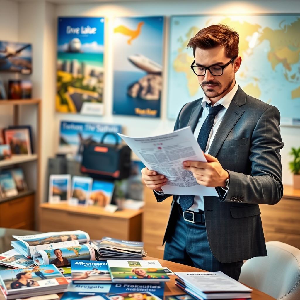 A confident business professional in a smart casual outfit stands at the forefront, examining travel documents and insurance papers with a focused expression. In the middle ground, a table is scattered with brochures and guides showcasing various affordable travel destinations, emphasizing budget-conscious travel. The background features a calming travel agency office with travel posters of dream vacation spots and a map on the wall. Soft, warm lighting fills the scene, enhancing the inviting atmosphere, while a slight blur in the background creates a sense of depth. The overall mood is reassuring and informative, reflecting the careful consideration of securing affordable travel insurance while hinting at common exclusions to be aware of.