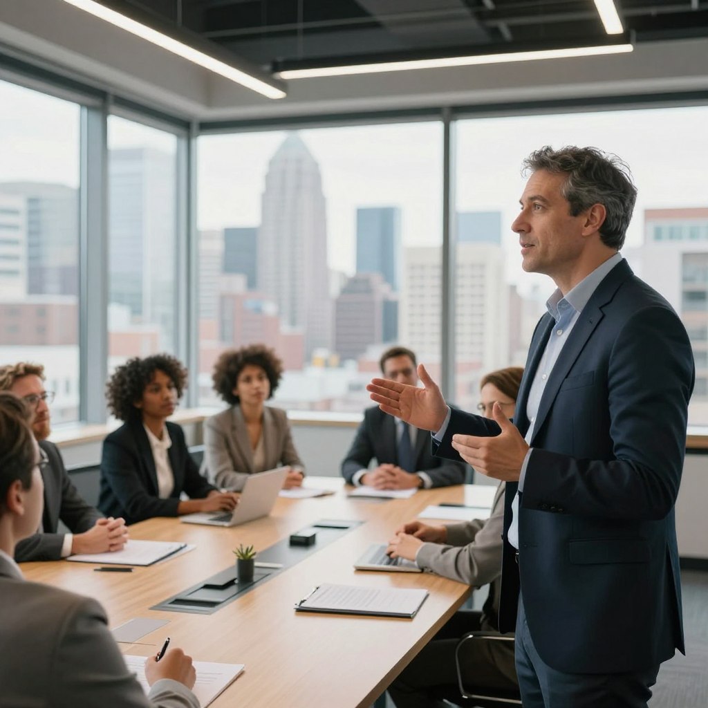 A confident entrepreneur standing in a modern office, symbolizing the "défenseur des droits" embodying social responsibility. In the foreground, the entrepreneur, a middle-aged person in professional business attire, gestures passionately while discussing important ethical values. In the middle ground, a diverse group of attentive colleagues from various ethnic backgrounds sits around a large conference table, engaged in a collaborative brainstorming session, highlighting unity and diversity in the workplace. The background reveals a panoramic view of a bustling city skyline through large windows, with soft, natural light filtering in, creating a warm, inspirational atmosphere. The scene captures a sense of purpose and commitment to social values. The camera angle is slightly from below, emphasizing the stature of the entrepreneur and the dynamic environment.