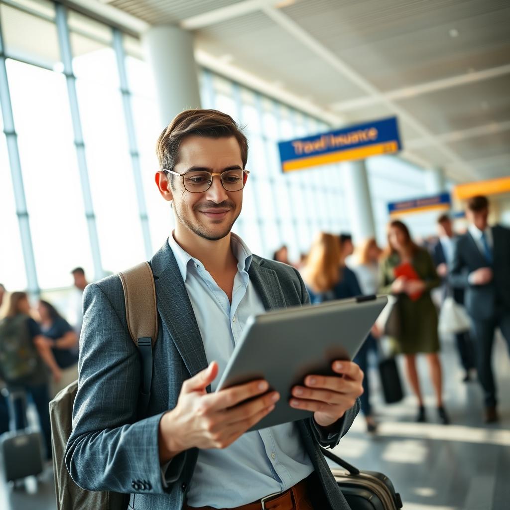 Um viajante confiante e com aparência profissional está em um aeroporto, analisando uma apólice de seguro viagem em um tablet. O primeiro plano captura o viajante em uma postura profissional, exalando segurança e prontidão para a jornada. Em segundo plano, um grupo diversificado de viajantes interage, demonstrando um senso de comunidade entre viajantes frequentes. O fundo apresenta um terminal de aeroporto moderno com grandes janelas, por onde entra a luz natural, criando uma atmosfera luminosa e acolhedora. Sombras suaves realçam a profundidade, enfatizando a importância da proteção em viagens. O clima geral é otimista e concentrado, ilustrando a importância de escolher as soluções de seguro viagem adequadas para viajantes frequentes. O ângulo é ligeiramente elevado para capturar tanto o indivíduo quanto o ambiente movimentado ao seu redor.