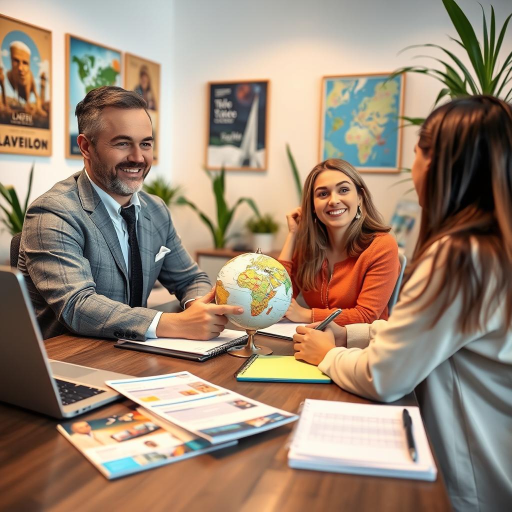 A confident travel advisor sitting at a desk, dressed in professional attire, discussing affordable travel insurance options with a young couple. The foreground features brochures and a laptop displaying information about travel plans. In the middle, there are flight tickets, a globe, and a notepad filled with notes. The background showcases a bright office space, decorated with travel posters and plants, suggesting a welcoming atmosphere. The lighting is warm and inviting, highlighting the advisor’s friendly demeanor. Capture the mood of professionalism and accessibility, emphasizing the importance of choosing the right travel insurance for a memorable vacation. Use a slightly angled perspective to enhance the sense of engagement and trust.