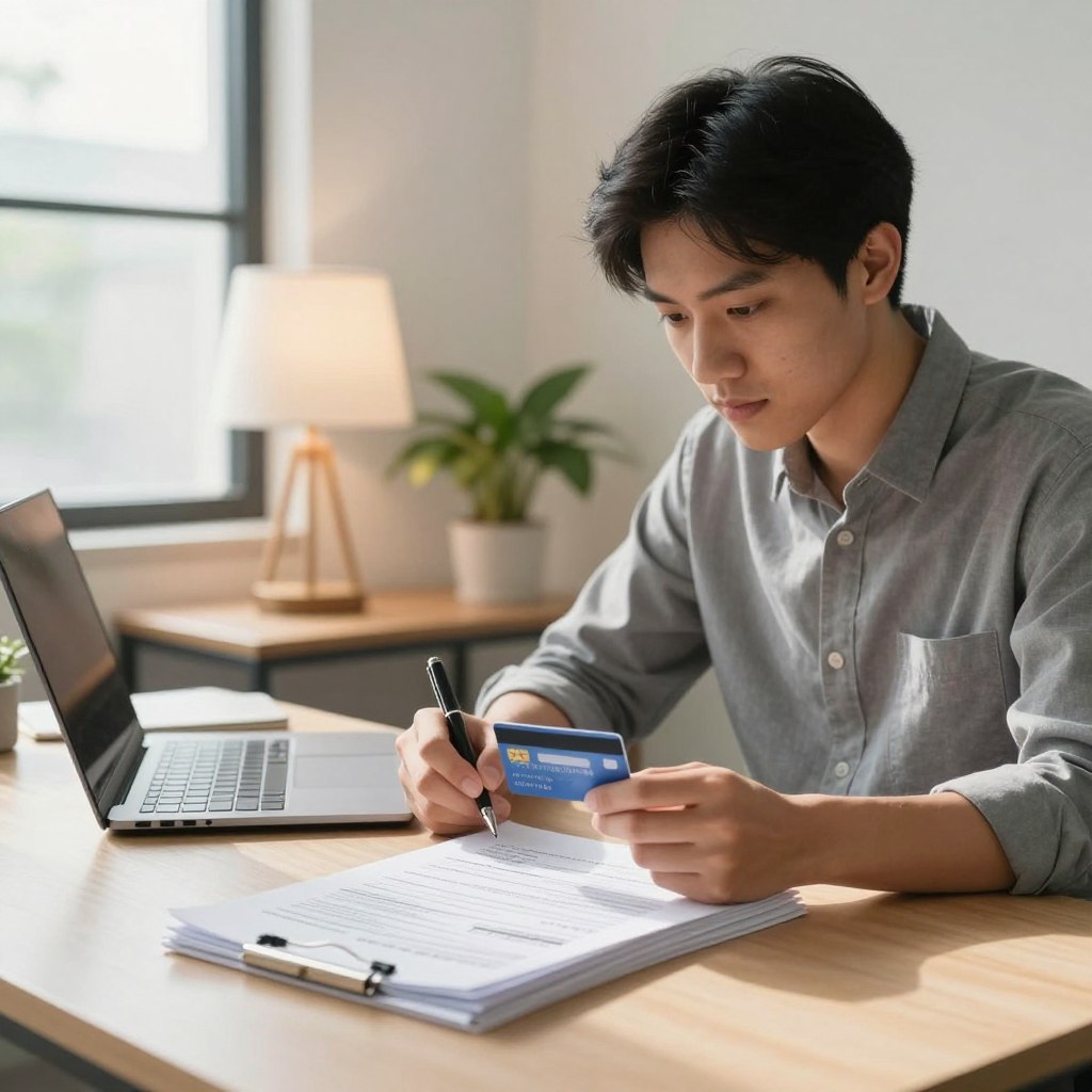 A confident young adult of Asian descent sits at a modern desk in a well-lit office, filling out a credit card application form. The foreground features a neat stack of financial documents and a sleek laptop, with a visible pen poised in their hand. In the middle background, there is a potted plant and an elegant table lamp illuminating the workspace, creating a warm and inviting atmosphere. The focus is on the applicant's determined expression as they review the application details. Natural light streams in from a large window, casting soft shadows and enhancing the professional, yet approachable mood of the scene. The composition conveys the seriousness of applying for a credit card while remaining relatable and inspiring.
