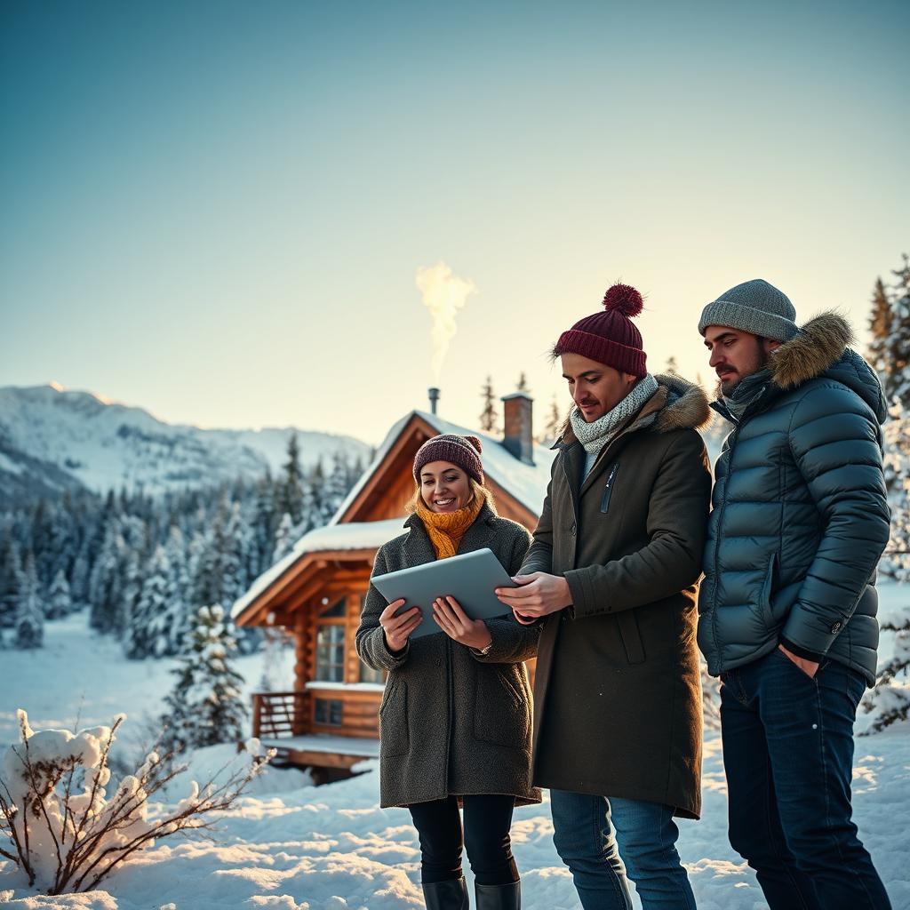 A cozy winter landscape filled with snow-covered mountains under a clear blue sky. In the foreground, a group of three diverse individuals in professional winter attire—one in a smart parka, another in a stylish wool coat, and the third in a sleek down jacket—are discussing travel plans over a tablet. The middle ground features a quaint log cabin with smoke curling from the chimney, nestled among snowflakes gently falling around it. Soft golden light filters through the trees, creating a warm, inviting atmosphere. The scene radiates a sense of protection and readiness for winter travel adventures. Capture a wide angle view, emphasizing the snowy surroundings and the unity of the group as they make preparations for their journey.