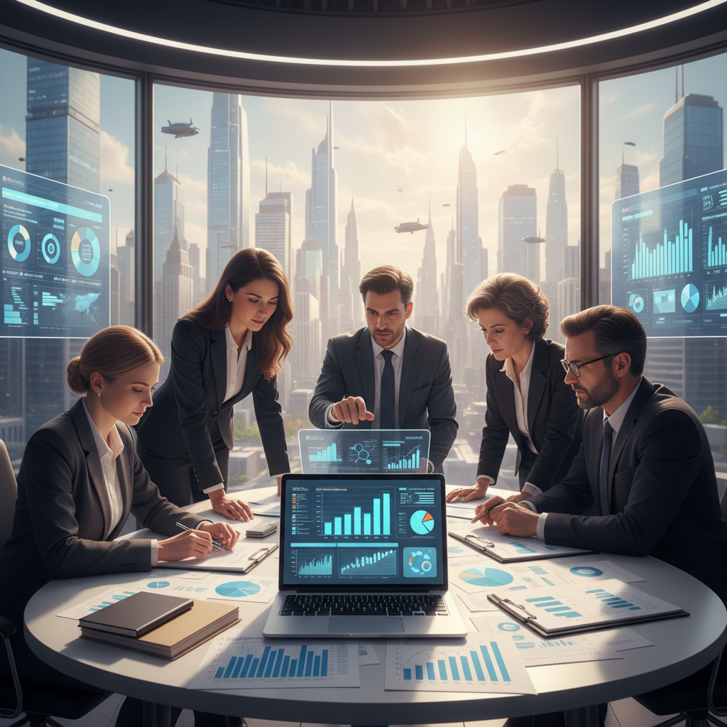 A detailed and visually engaging "budget plan" scene illustrating financial perspectives for the future. In the foreground, a well-organized desk cluttered with modern financial tools such as a laptop, financial reports, and colorful charts. In the middle, a diverse group of professionals in business attire working collaboratively, analyzing graphs and discussing plans, exuding a sense of motivation and teamwork. The background features a large window showcasing a futuristic city skyline, symbolizing growth and opportunity. Soft, natural lighting pours in, enhancing the hopeful atmosphere. The image captures an optimistic and professional mood, focusing on the importance of fiscal planning and collaboration for a sustainable future.